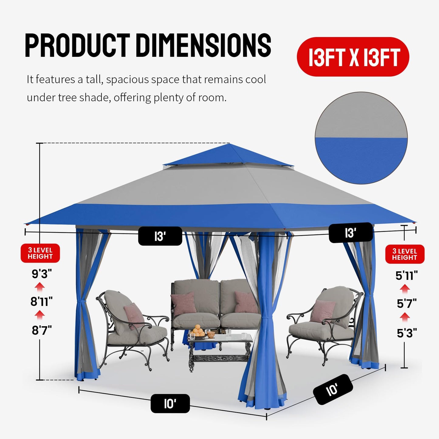 CROWN SHADES 13x13 Pop Up Gazebo, Canopy Tent, Gazebos on Clearance - Outdoor Gazebo for Backyard & Patio Furniture - Carpa Pop Up Tent with Wheeled STO-N-Go Cover Bag (Blue & Grey)