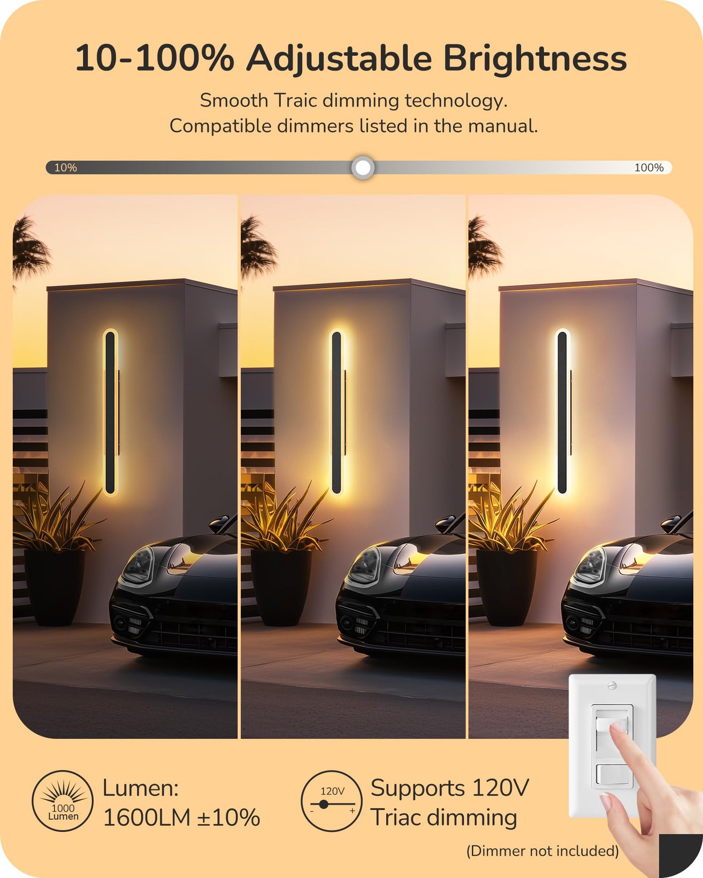 EDISHINE LED Outdoor Wall Lights, Dimmable 47.2in Long Oval, IP65 Waterproof, Black, Model HOWL22R, 3CCT