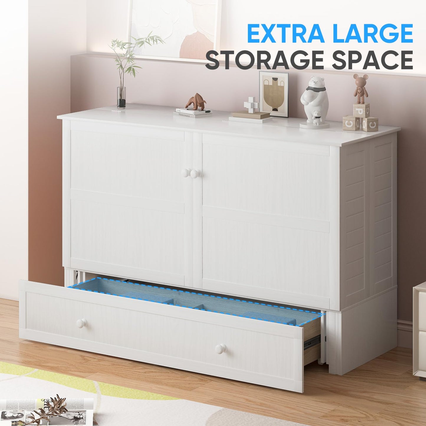 PUREMIND Queen Murphy Bed Cabinet, Murphy Bed with Mattress Included, Storage Drawer and Bedside Panel, Built-in Charging Station, Solid Wood Space-Saving Wallbed Hideaway Beds for Guest Room