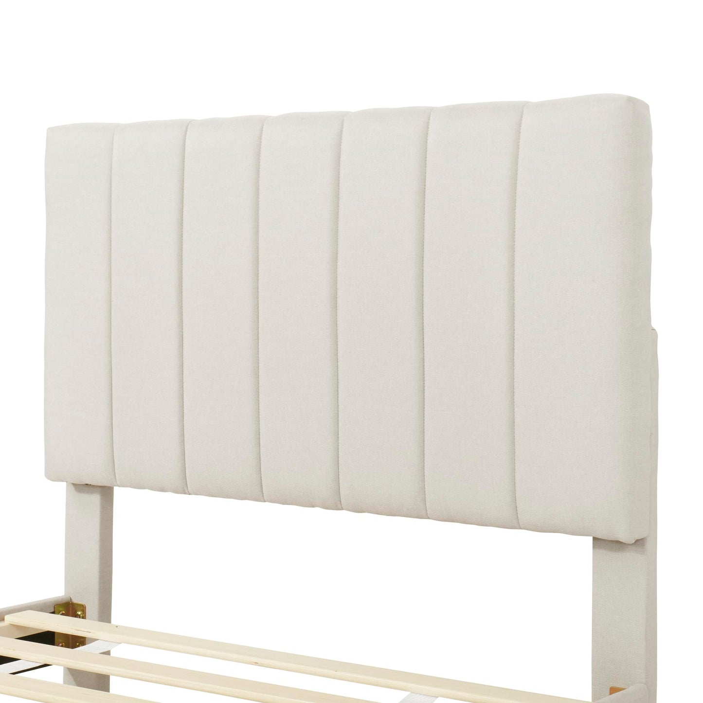 GDFStudio Twin Size Upholstered Platform Bed with Trundle and 3 Storage Drawers, Linen Fabric Bed Frame with Stripe Headboard and Wood Slat Support, Beige