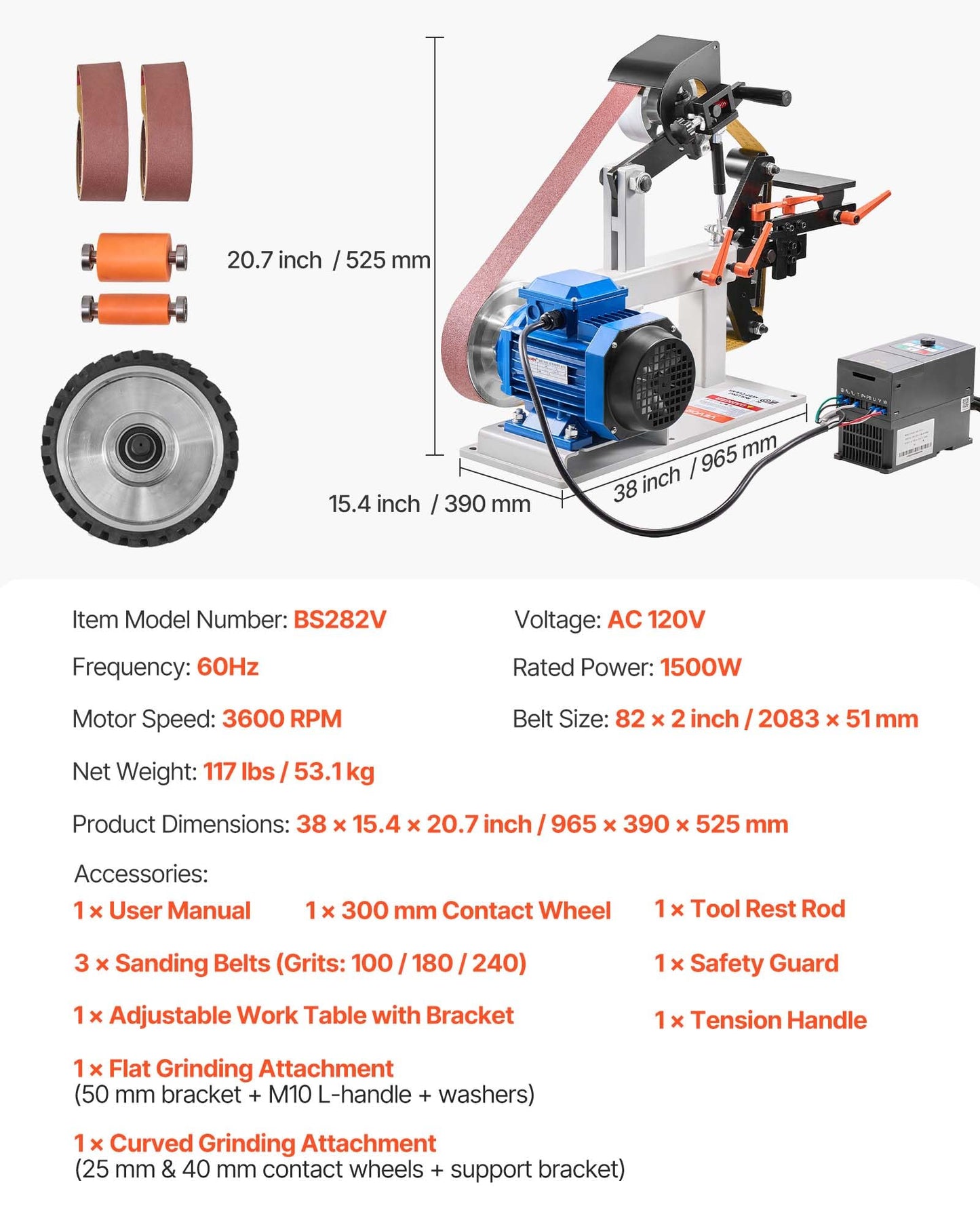 VEVOR 1500W 2HP Belt Sander Grinder, 2" x 82" Variable Speed Belt Grinder for Metalworking, 3 in 1 Belt Sander Polisher with 3 Grinding Moulds & Flat Platen Tool Rest for Knife Making