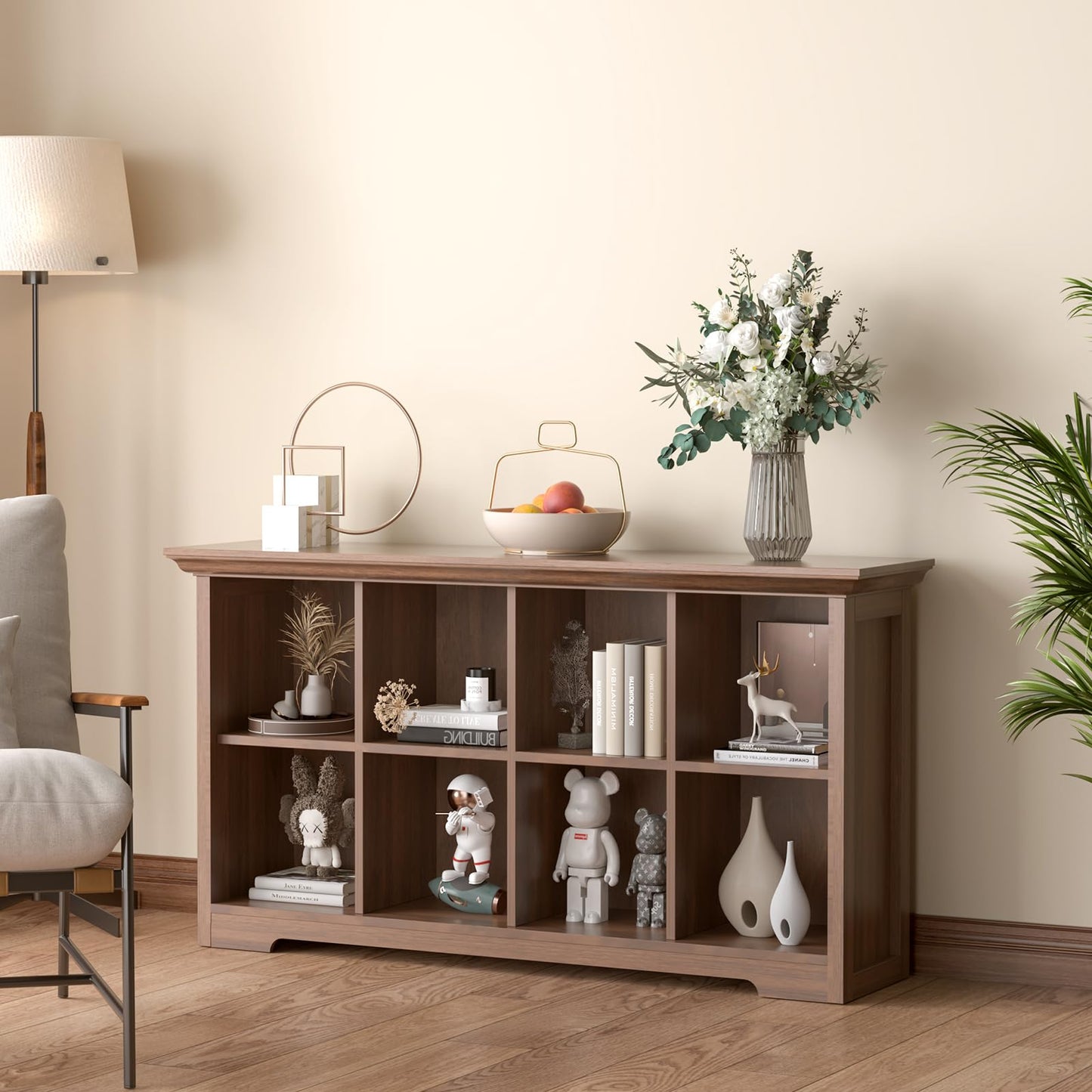 OSCHF Cube Shelf Bookcase with Base - Wooden 2 Tiers Floor Standing Low Storage Cabinet for Home and Office, 8-Cube Lattice Bookshelf, Walnut