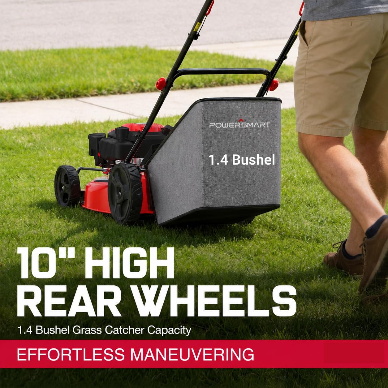 PowerSmart 21-Inch Gas Self-Propelled Lawn Mower, 170cc OHV Engine, Reinforced Steel Deck, 3-in-1 Bagging/Mulching/Rear Discharge, 6 Cutting Heights (1.5"–3.9"), 10" Rear Wheels, Foldable Handle