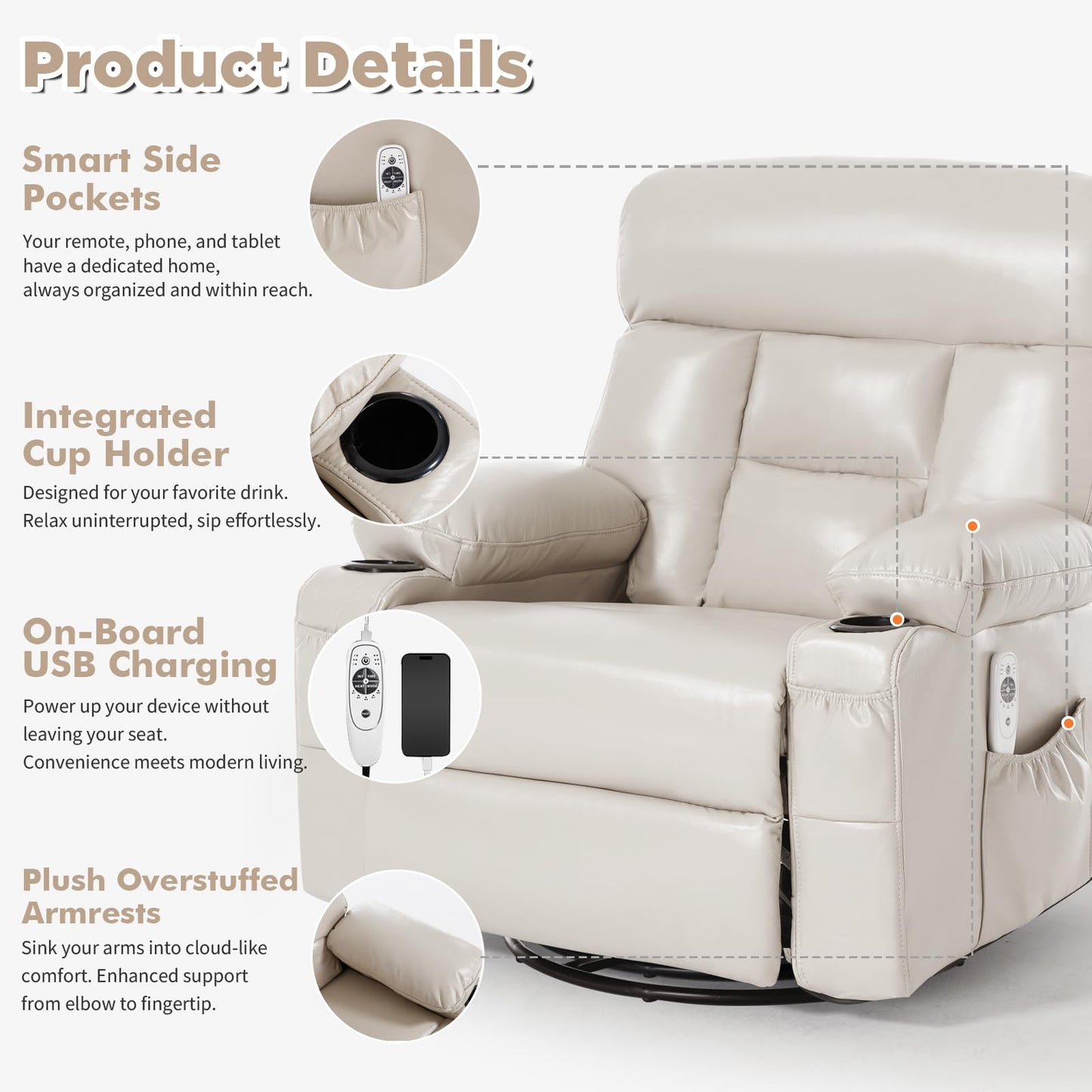 Comermax Rocking Recliner with Heat and Massage, Wide Seat Heated Massaging Reclining Chair for Home Theater, Faux Leather Manual Swivel Rocker Recliner Chair with Cup Holder for Adult, Beige