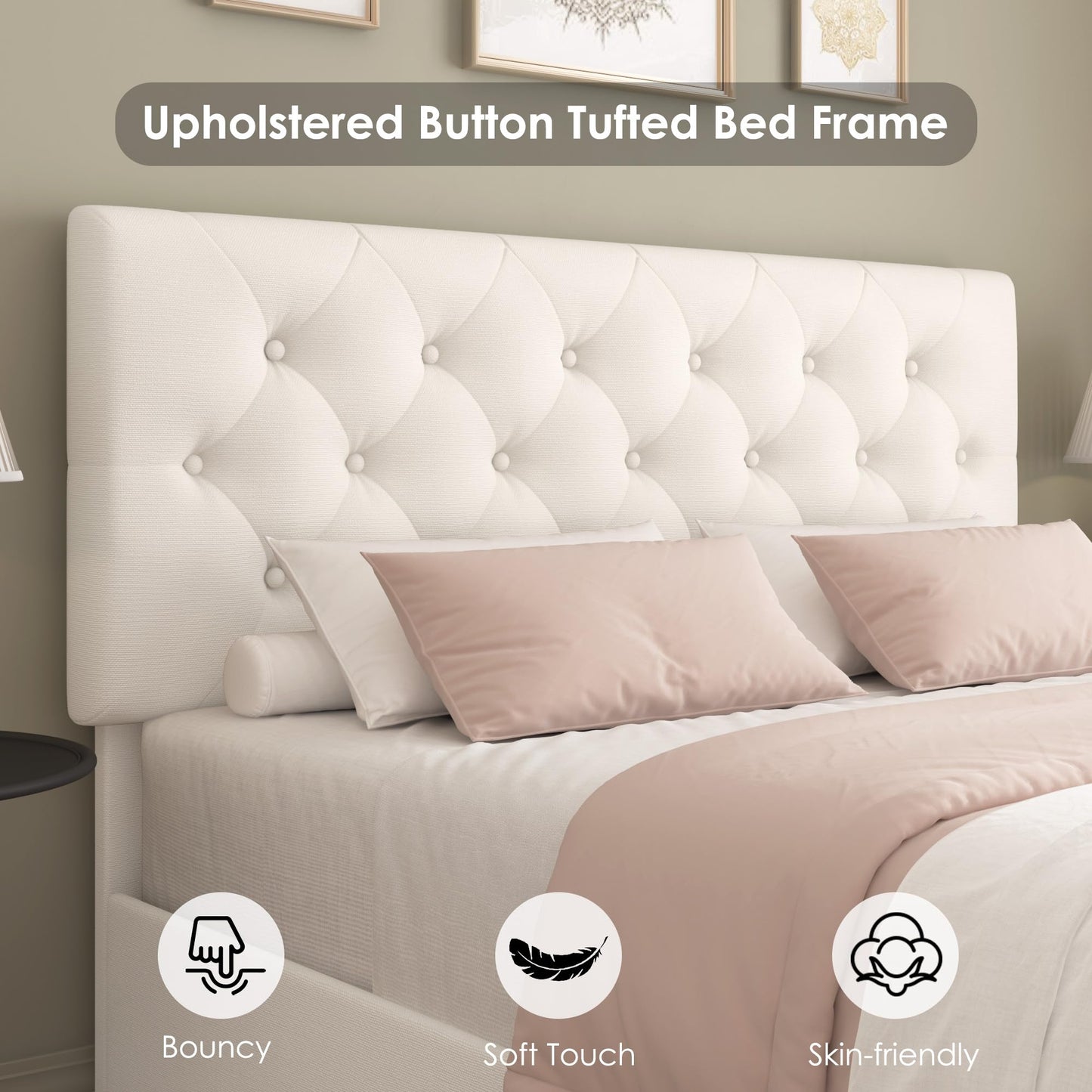 Keyluv Full Size Upholstered Platform Bed Frame with 4 Storage Drawers, Modern Beige Fabric Bed with Adjustable Button Tufted Headboard, Solid Wooden Slat Support, Easy Assembly