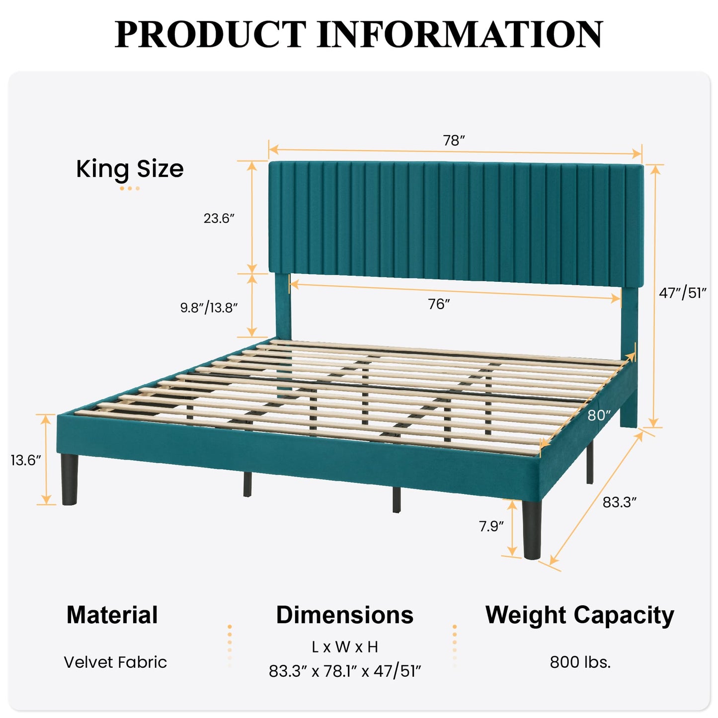 SHA CERLIN King Upholstered Platform Bed Frame with Vertical Channel Tufted Velvet Fabric Adjustable Headboard, Wooden Slats Support, Mattress Foundation, Box Spring Optional, Teal
