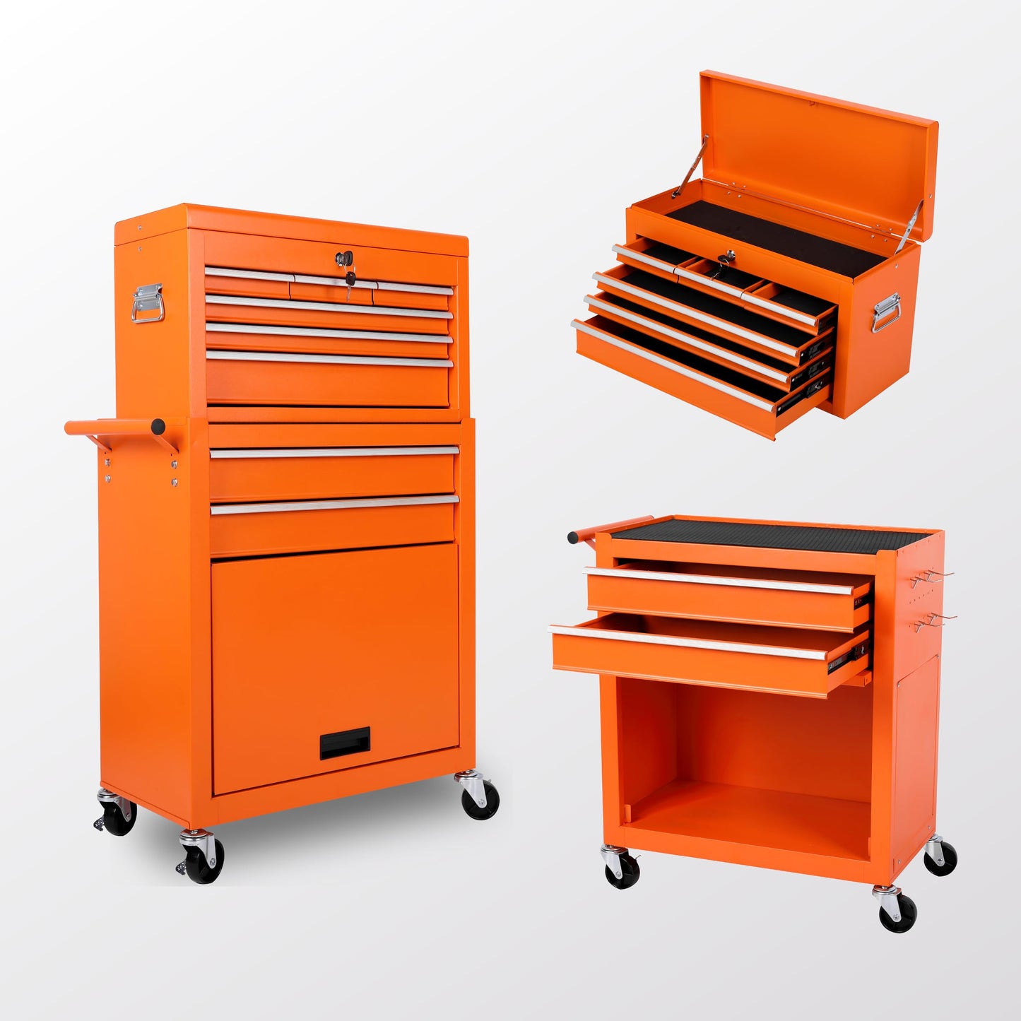 KEIKI 8-Drawer Rolling Tool Chest, Lockable 2 in 1 Detachable Top Tool Box with Drawers, Lockable Wheels, Side Hooks for Garage, Warehouse, Tool Room (Orange)