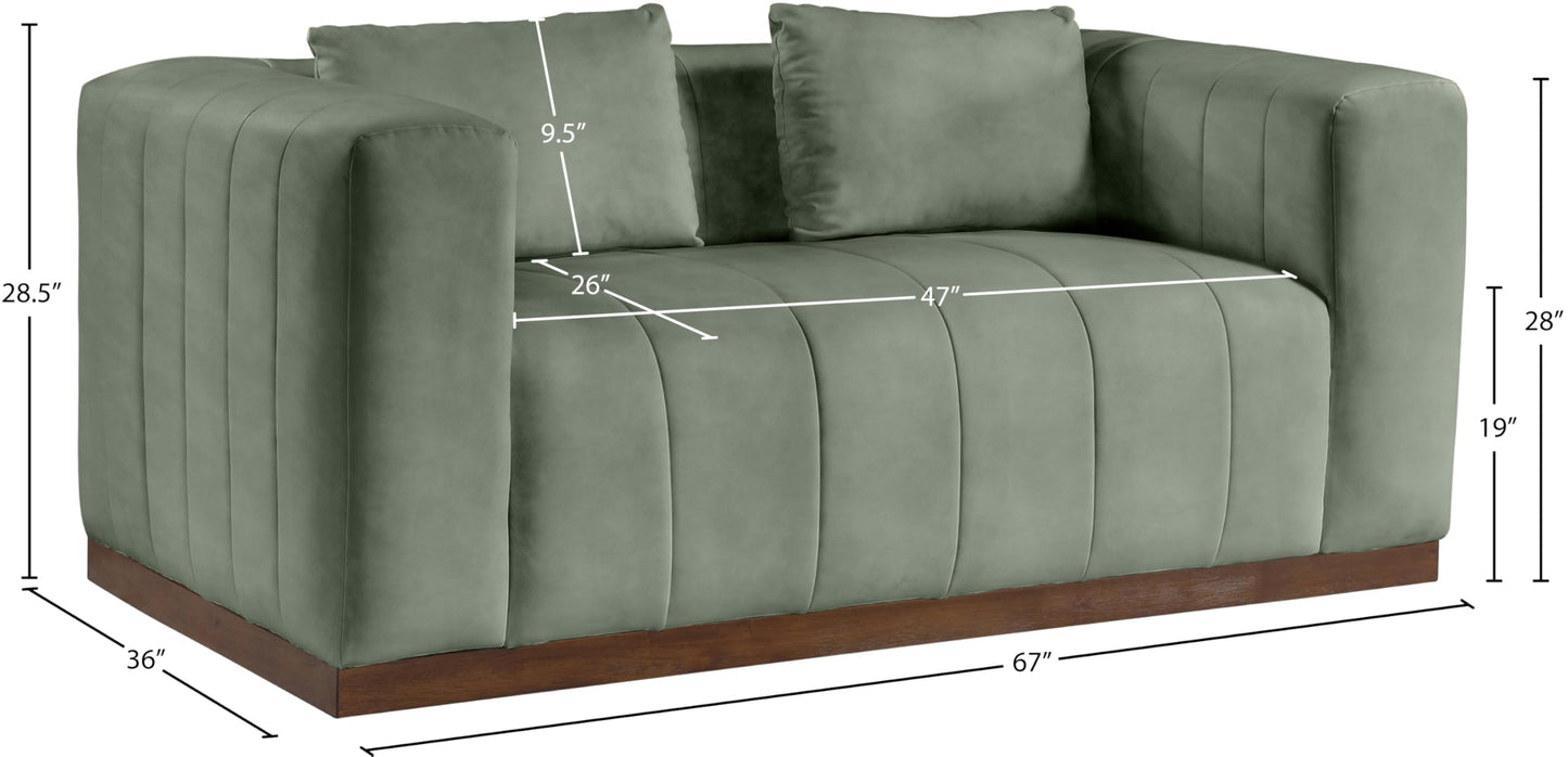 Meridian Furniture 44098Green-L Mallina Collection Modern | Contemporary Loveseat with Soft Green Vegan Leather, Walnut Finish Solid Wood Base, Deep Channel Tufting, 67" W x 36" D x 28.5" H, Green