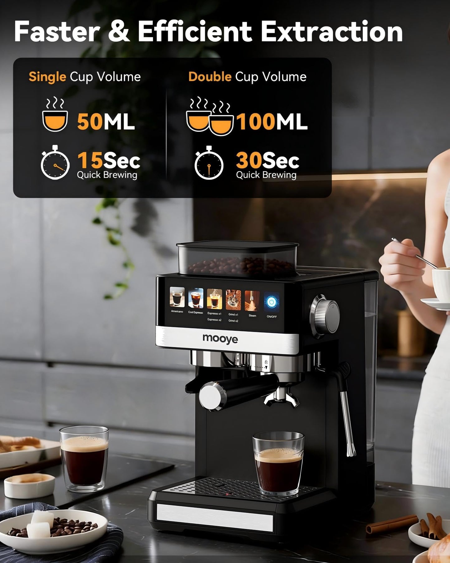Mooye Espresso Machine with Grinder,20Bar Compact Espresso Maker with Steam Milk Frother,Coffee Maker for Home - Cappuccino Latte & Cold Brew Iced Coffee Maker & Americano, Gift for Women or Men