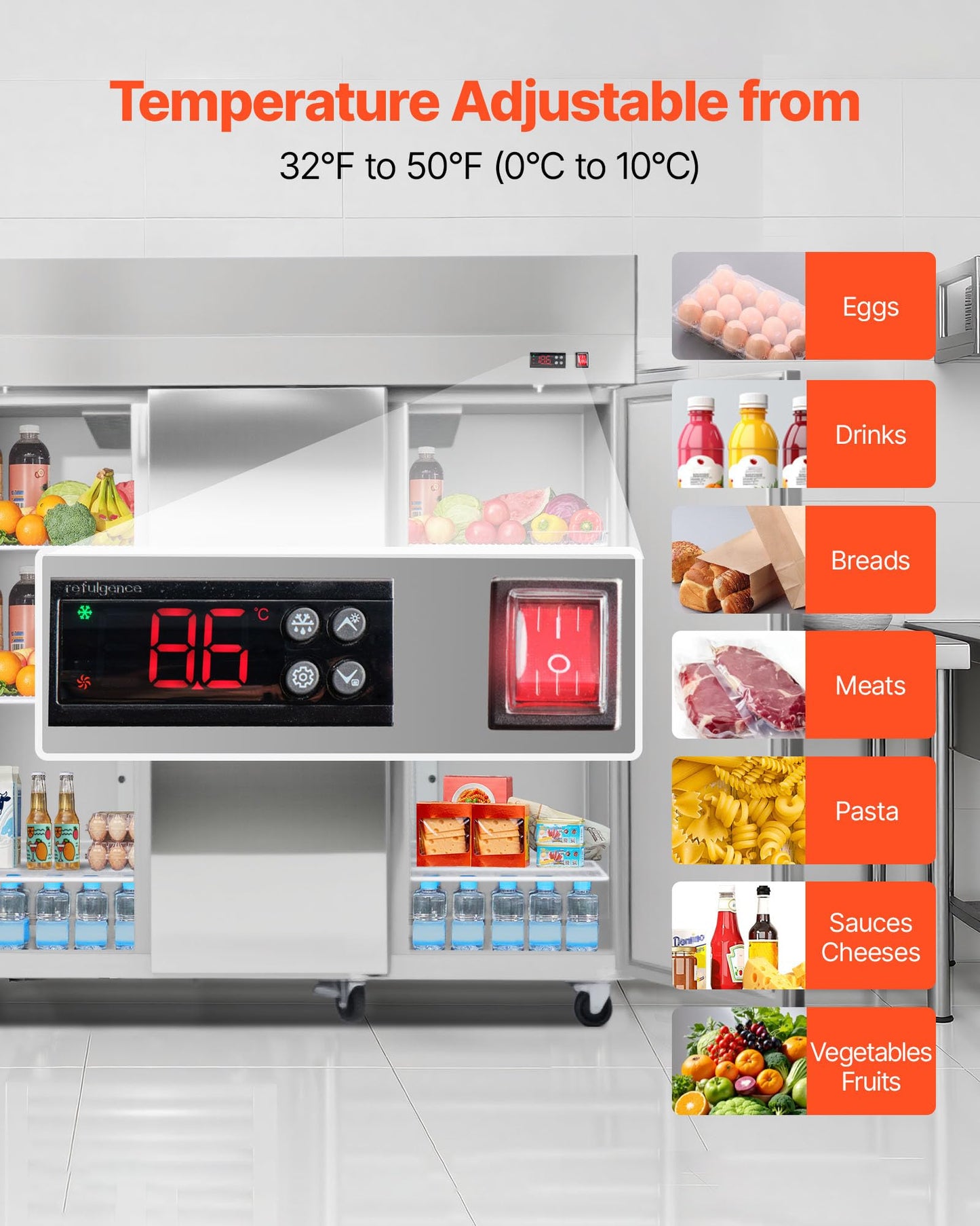 VEVOR Commercial Reach-In Refrigerator 72" W, 52 Cu.Ft Stainless Steel Upright Refrigerator with Three Doors, Auto-Defrost, 9 Adjustable Shelves, 32 to 50℉ Temp Control, UL Certified