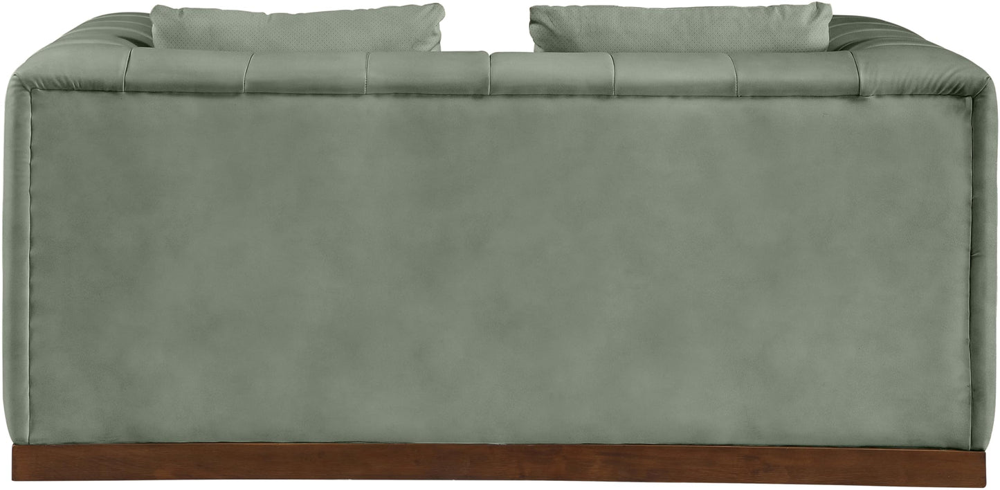 Meridian Furniture 44098Green-L Mallina Collection Modern | Contemporary Loveseat with Soft Green Vegan Leather, Walnut Finish Solid Wood Base, Deep Channel Tufting, 67" W x 36" D x 28.5" H, Green