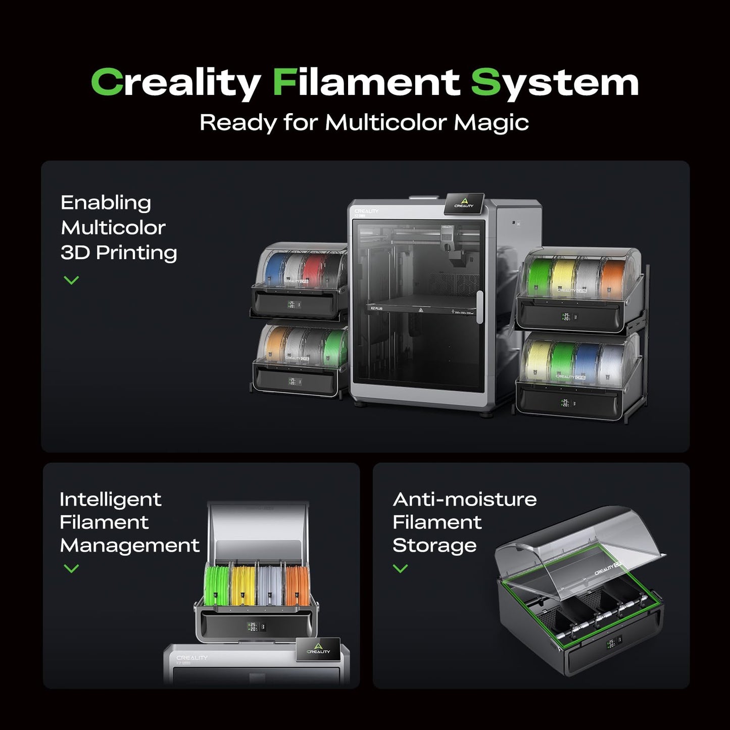 Creality CFS Multi Color Auto Filament System Anti-Moisture Filament Storage Auto-Switch & Run-Out Alerts 4-Channel Parallel Printing 16 Colors 3D Printing for K2 Plus, Hi 3D Printer