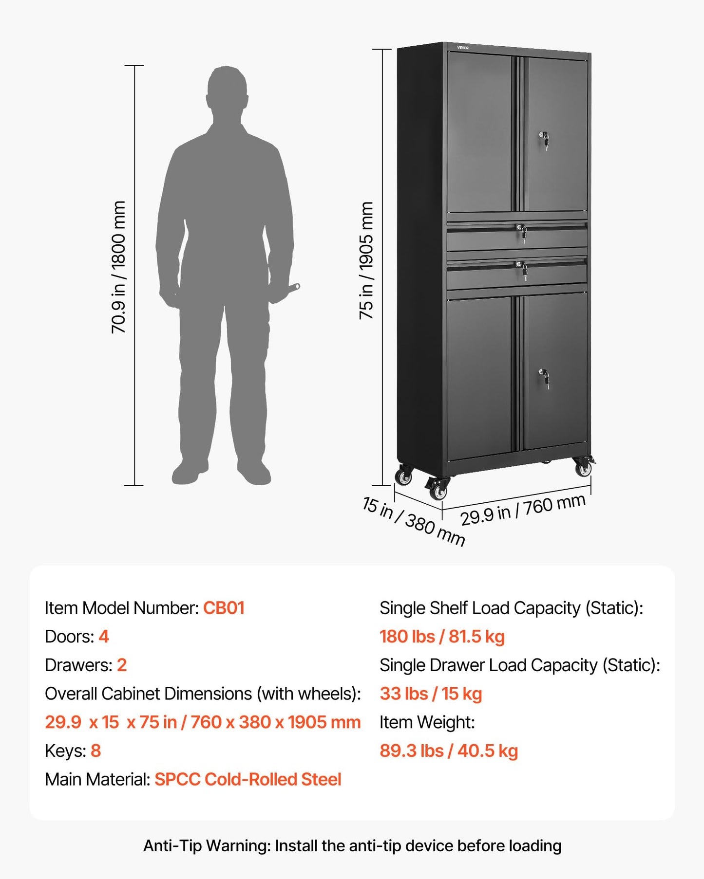 VEVOR Metal Storage Cabinet with Wheels, 180 lbs Shelf Load Capacity, 75" Tall Rolling Garage Tool Storage Cabinet with 4 Locking Doors and Adjustable Shelves, 2 Drawers, for Garage, Office, Home