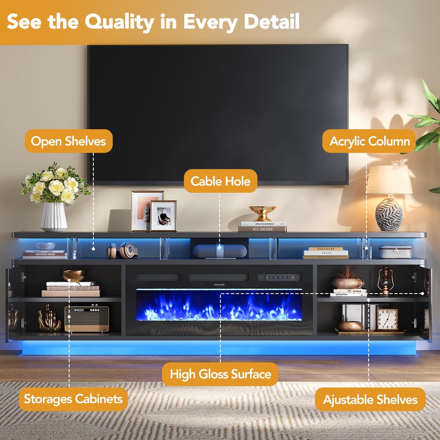 MXV 80" Fireplace TV Stand for Living Room, 36" Electric Fireplace with Adjustable Flames & Double LED Lights, Remote Control, Storage Cabinet with High Gloss Board, Fits TVs Up to 90", Black & Black