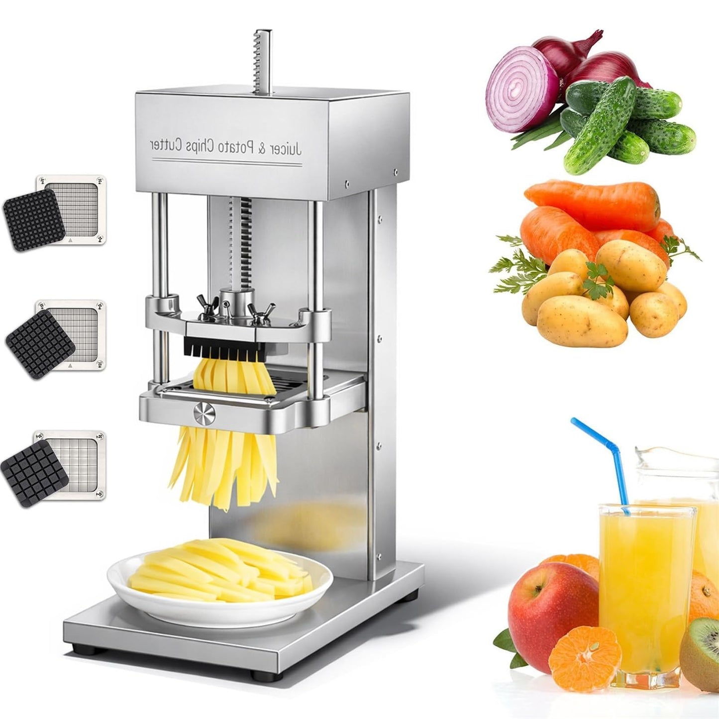 Electric Commercial Juicer and Potato Chips Cutter,Electric French Fry Cutter with Juicer Attachment,Stainless Steel Vegetable Chopper Machine,French Fry Cutter,Commercial Press Squeezer