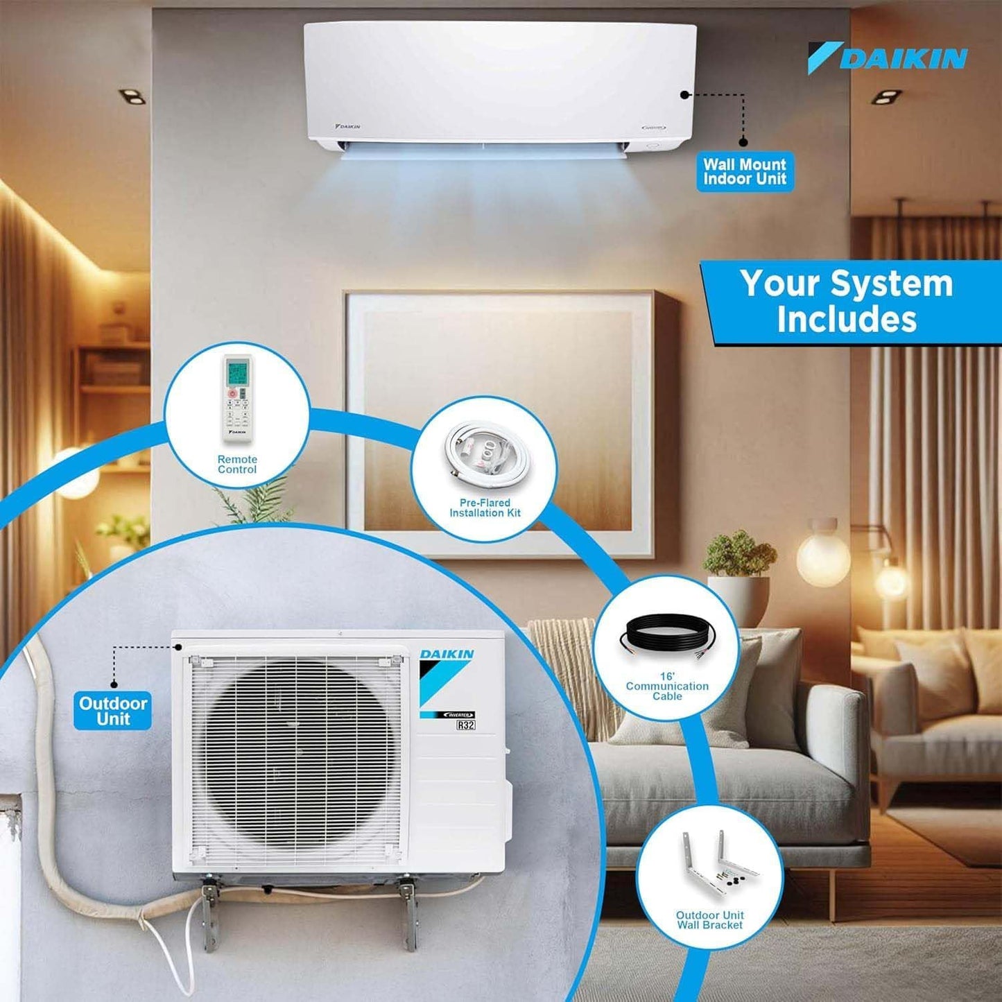 Daikin 12,000 BTU 20 SEER2 Oterra R32 Series Ductless Mini-Split Air Conditioner with Installation Kit and Wall Bracket- 230V