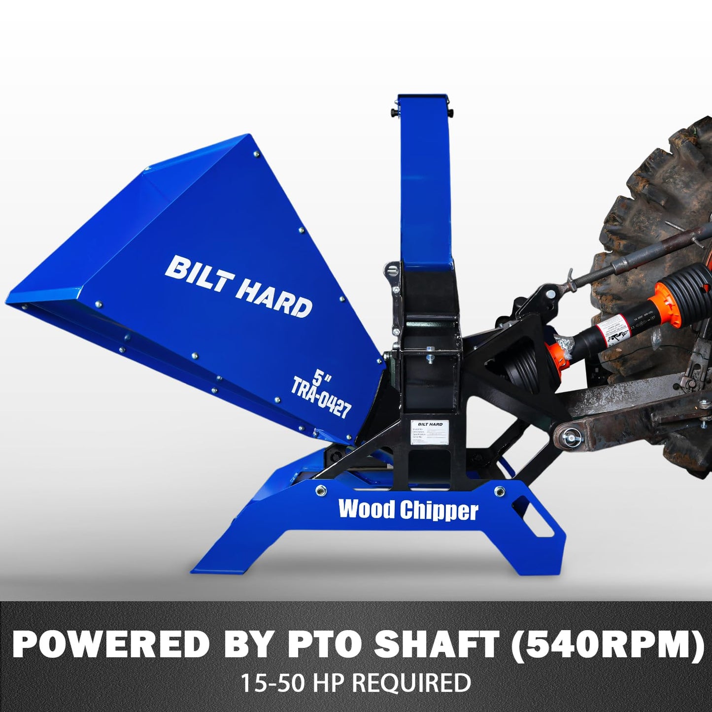 BILT HARD 5 Inch 3 Point PTO Powered Wood Chipper for 15-50 HP Tractors, Leaf Branch Shredder Mulcher, Category 1 Hitch and Quick Hitch Compatible, 25" Rotor with Reversible Blades