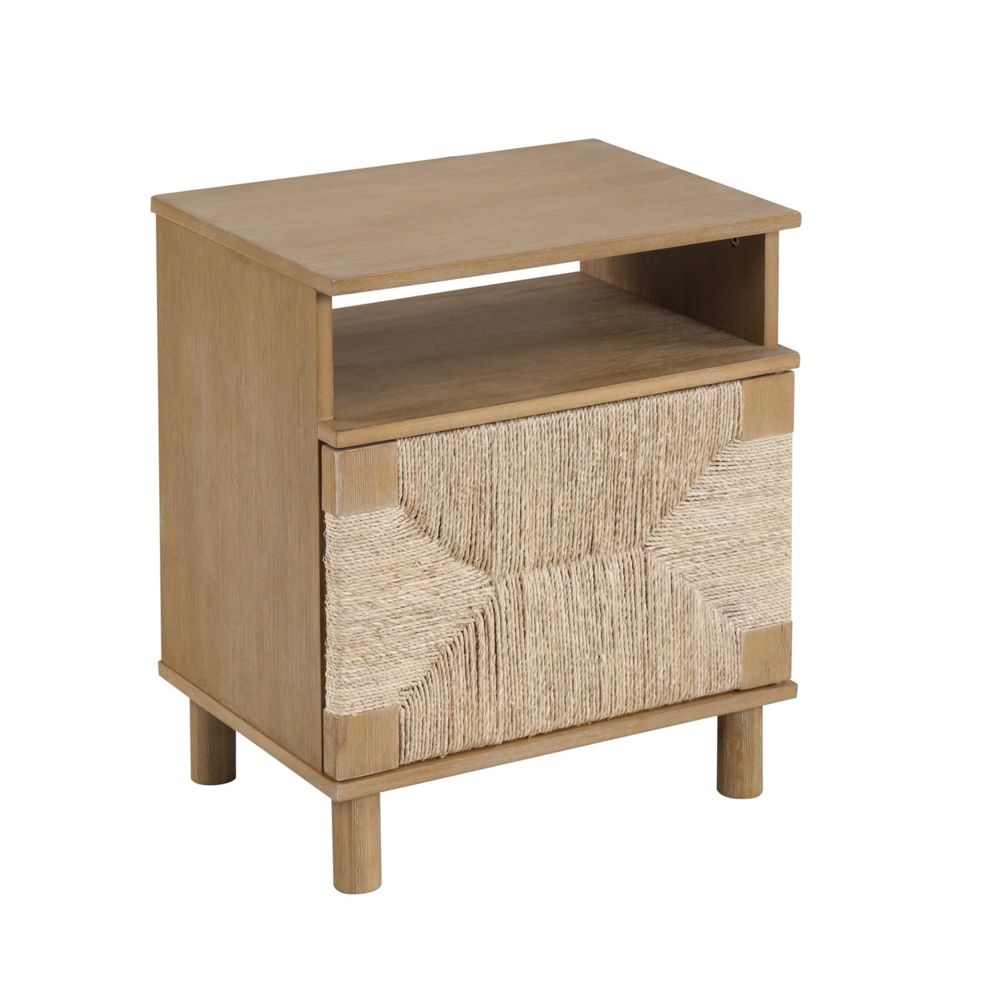 Nathan James Beacon Wood Nightstand, Bohemian Accent Table or Sofa Side Table with Seagrass Door for Bedroom or Living Room, Light Brown, Set of 2