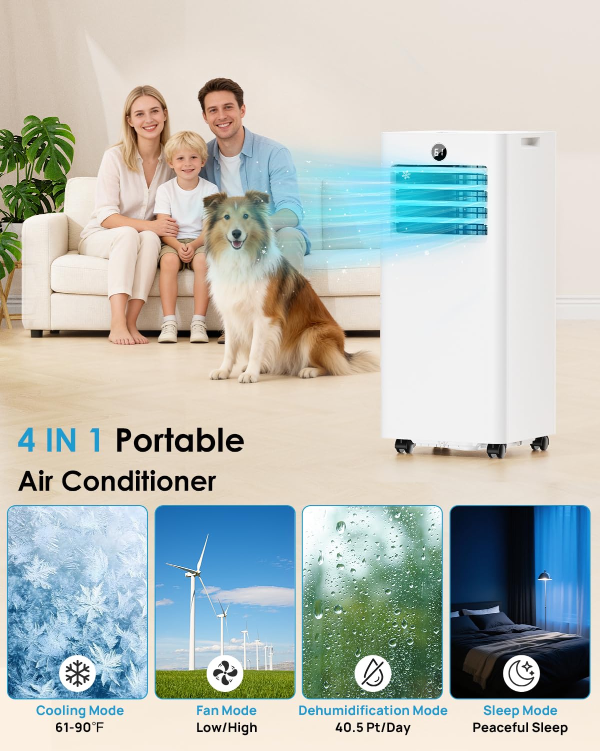 Portable Air Conditioners 8000 BTU, Quiet Air Conditioner with WiFi/App Control, 24H Timer, Dehumidifier, Fan, Cooling, Sleep Modes 4-in-1 AC Unit for Room with Window Kit, for Bedroom/Office, White