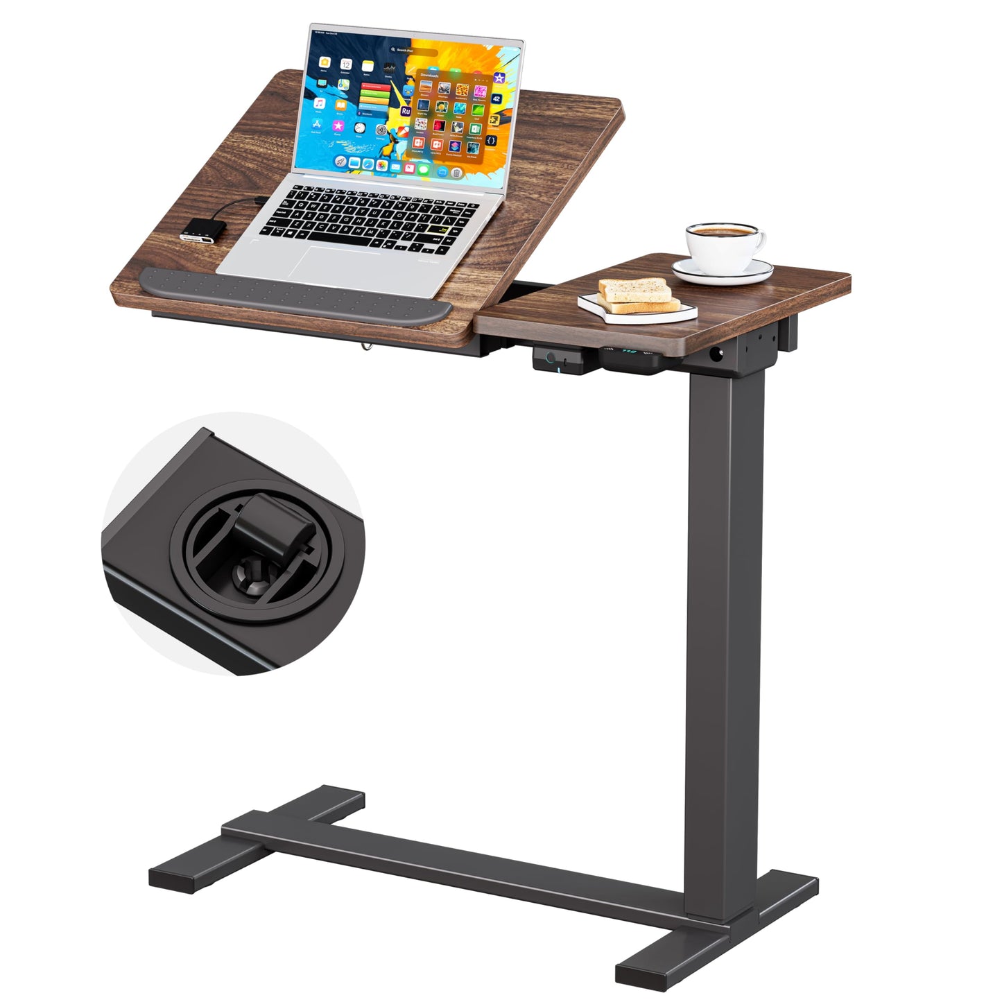 BIZUM Small Electric Standing Desk, Overbed Table Wireless Tilt Top with Hidden Wheels, 27.6×15.8 Inch Adjustable Rolling Laptop Desk, USB-C Rechargeable Battery, Walnut