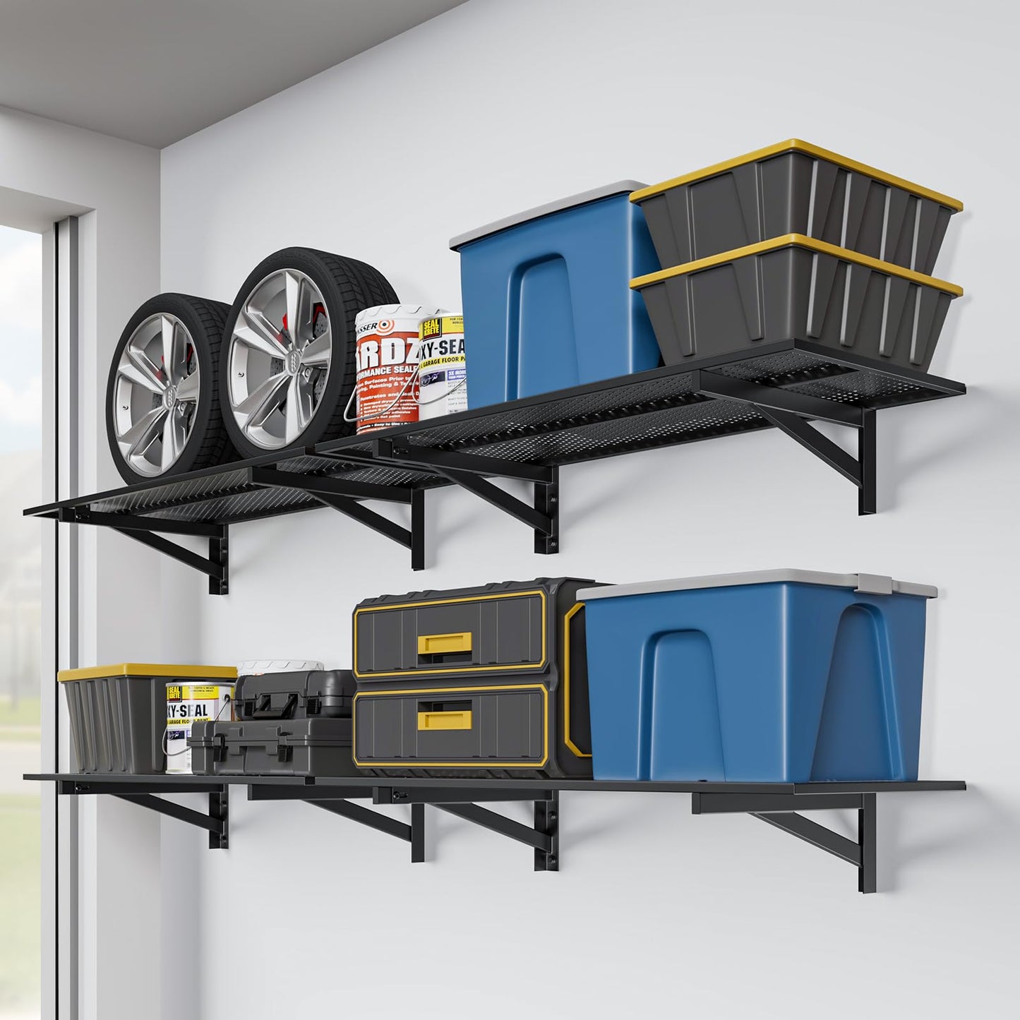 Jusgym 4 Pack Heavy Duty Garage Wall Shelving (1.5x4ft), 1400lbs Capacity Garage Shelving Wall Mounted, 18"x96"Garage Storage Rack Floating Shelves, Black