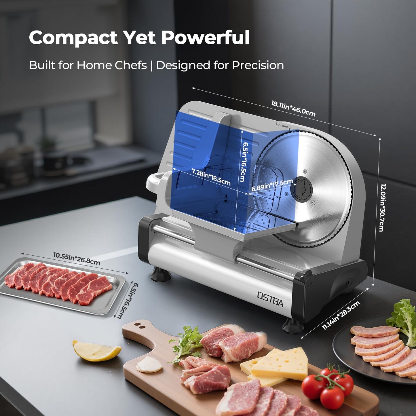 OSTBA Electric Meat Slicer with 200W DC Motor, 2 Removable 8.7” Stainless Steel Blades, Adjustable Thickness 0–15mm, Food Tray & Hand Grip, Commercial Deli Food Slicer for Meat, Cheese, Bread, Veggies