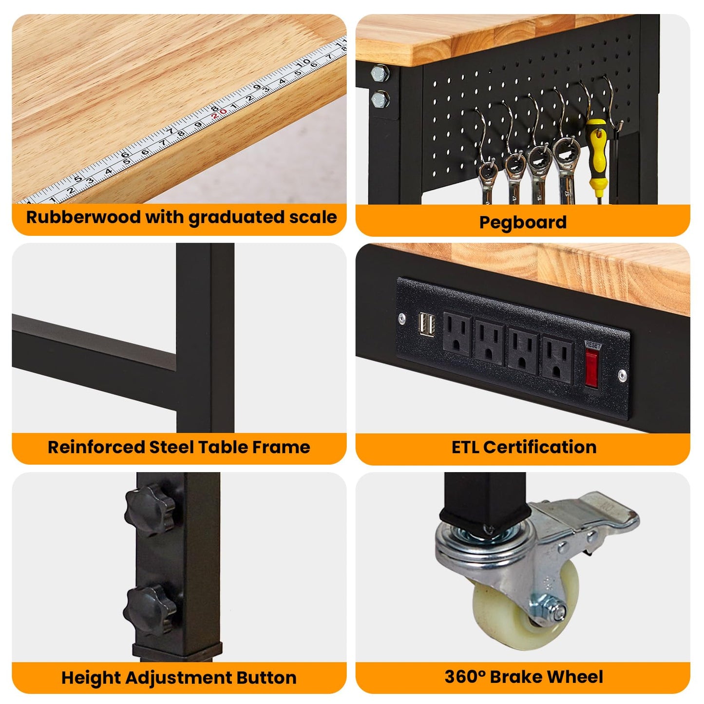 48" Adjustable Workbench with Power Outlet, 2000 Lbs Heavy Duty Work Table, 29.5"-39.4" Height Adjustable Workbench with Wheels & Pegboard, for Garage Office Workshop Home Commercial