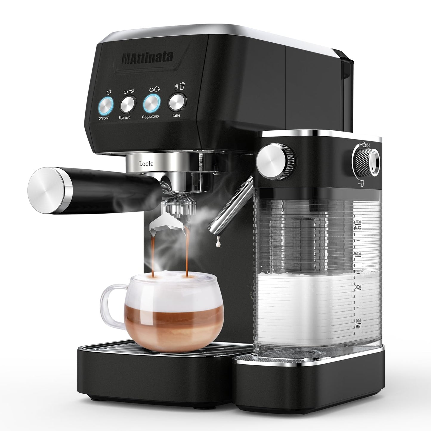 MAttinata Cappuccino Machine 20 Bar, Professional Espresso Machines for Home and Office with Automatic Milk Frothering System, Barista Compact Latte Maker for Coffee Lovers, Stainless Steel-Black