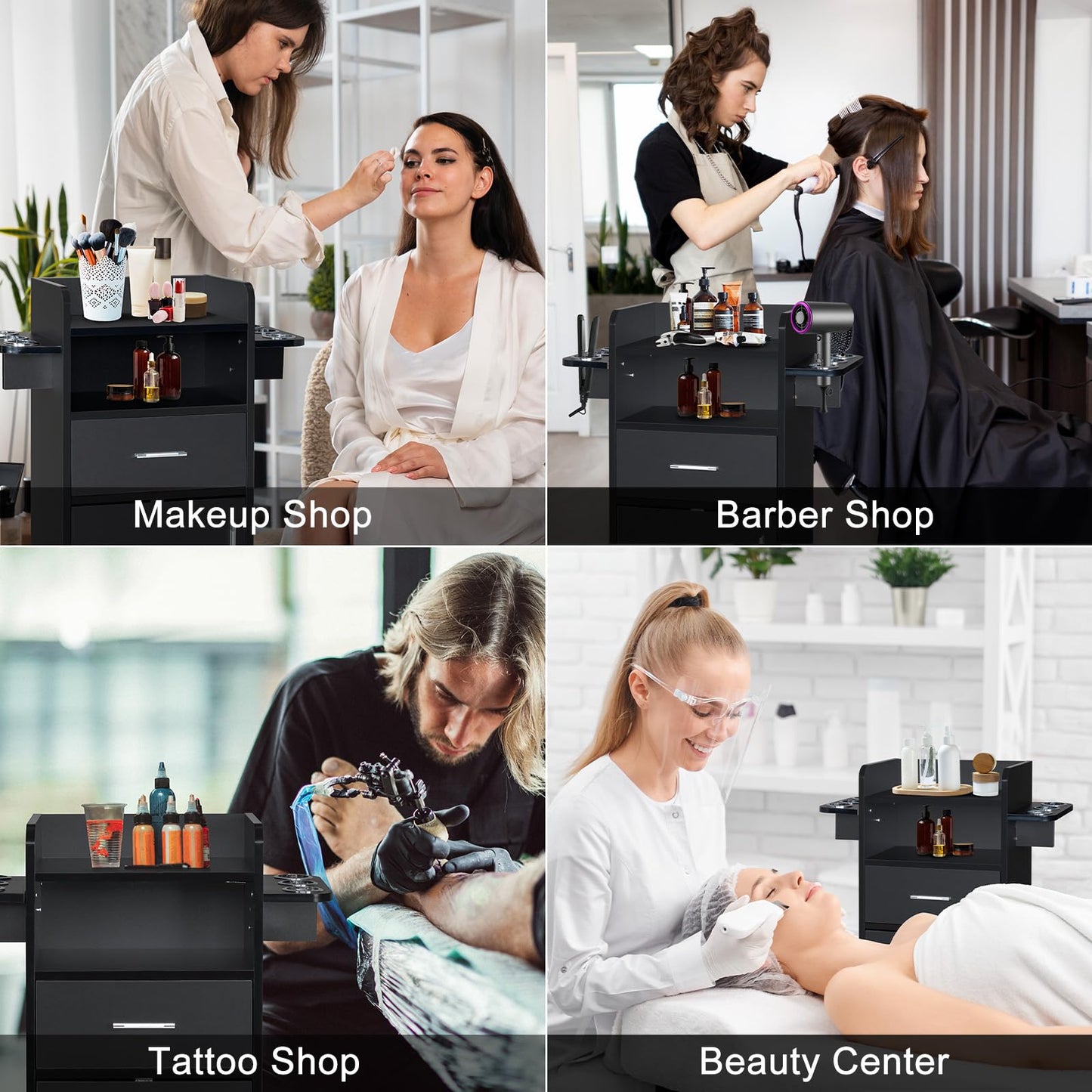 JHshop Black Beauty Salon Storage Trolley Cart, Hair Salon Stations Cabinet for Stylist with 6 Tool Holders Equipment with Rolling Wheels, Drawer Barber Salon Furniture