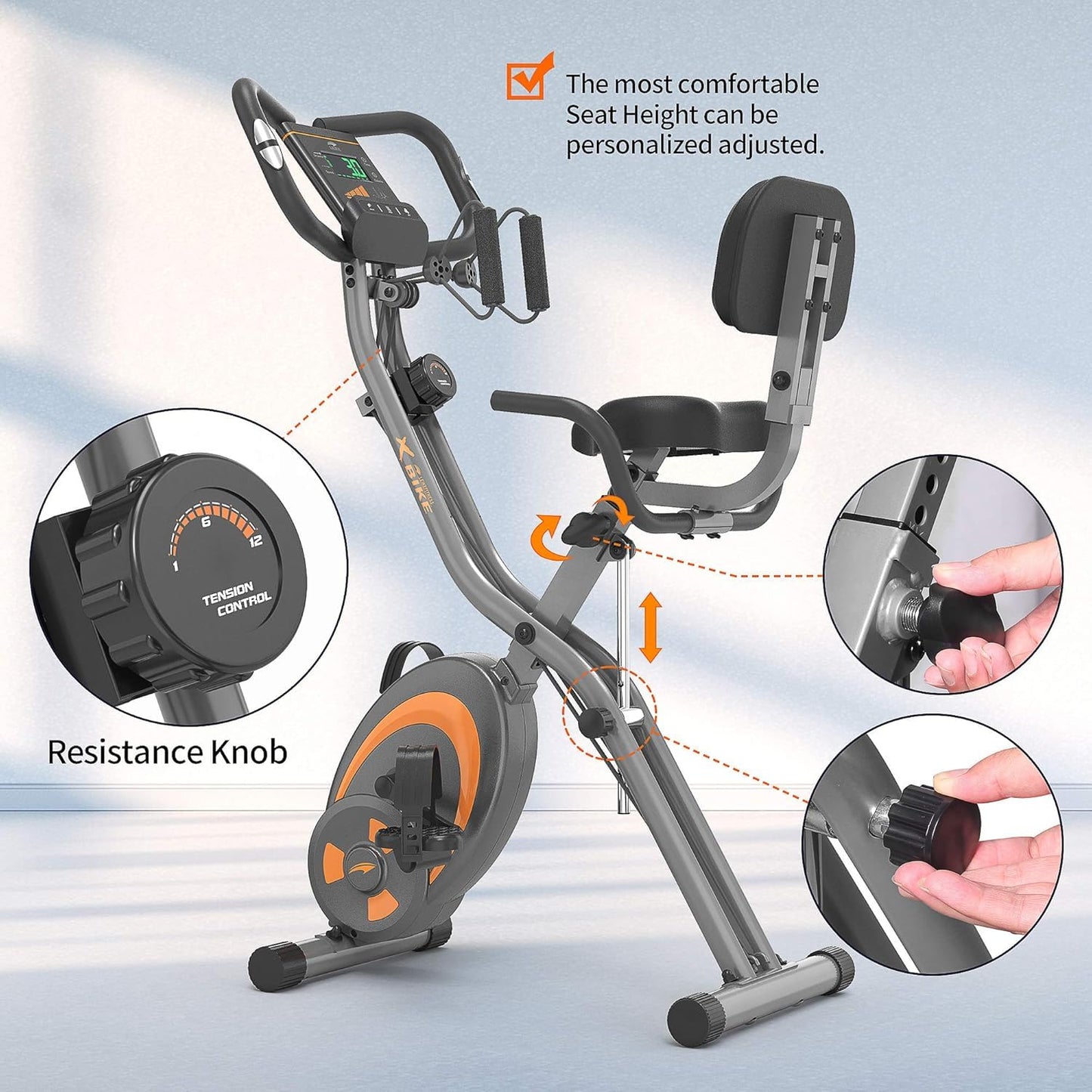 leikefitness Folding Stationary Bike Recumbent Exercise Bike w/Arm Resistance Bands-Pulse Sensor-LCD Monitor and Easy to Assemble Indoor Cycling Bike 2280 (GREY)