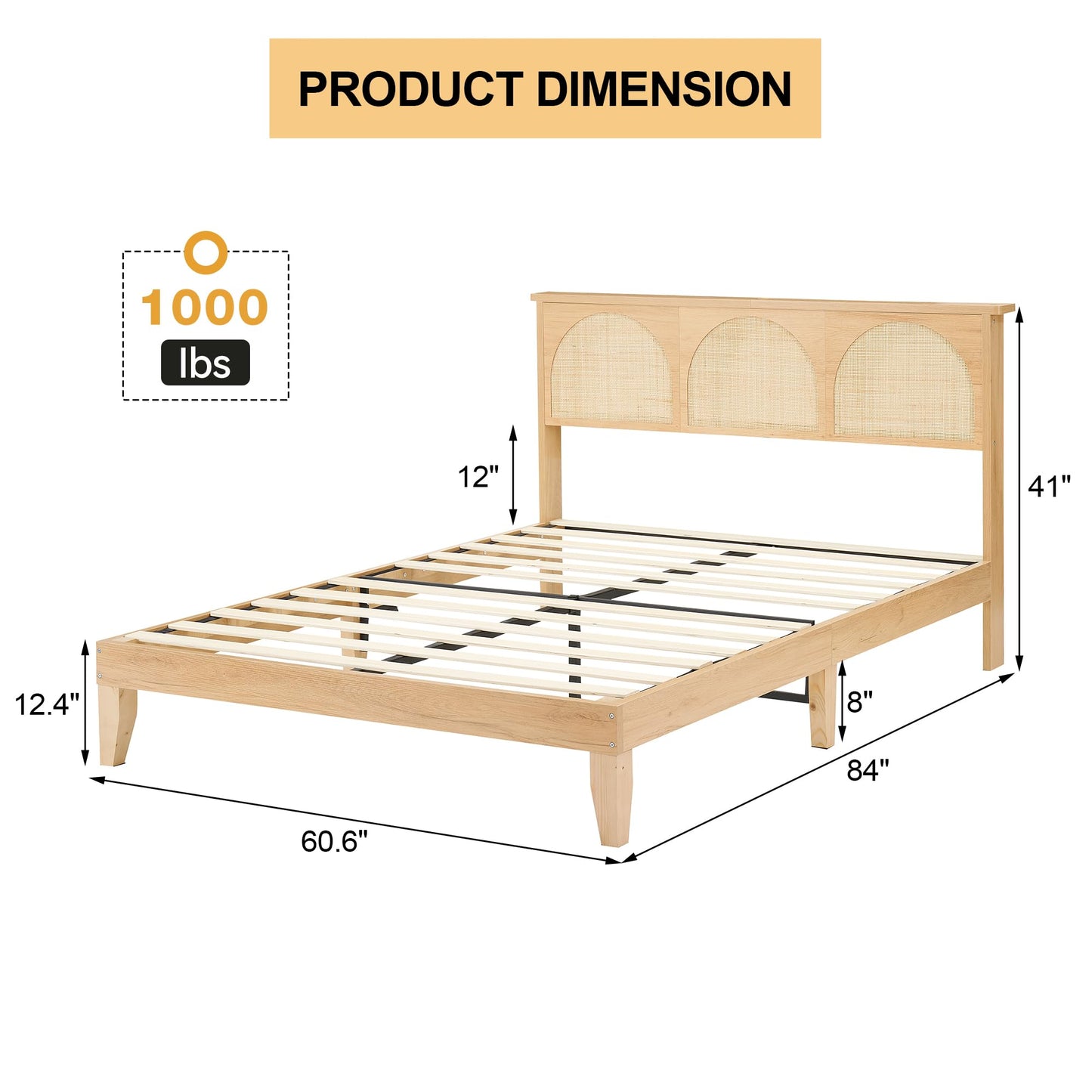 Queen Boho Rattan Bed Frame, Wooden Bed Platform with Storage, Smart RGB LED Natural Rattan Headboard, No Box Spring Needed, Under Bed Storage, Easy Assembly Solid Wood Foundation with Silent Slats