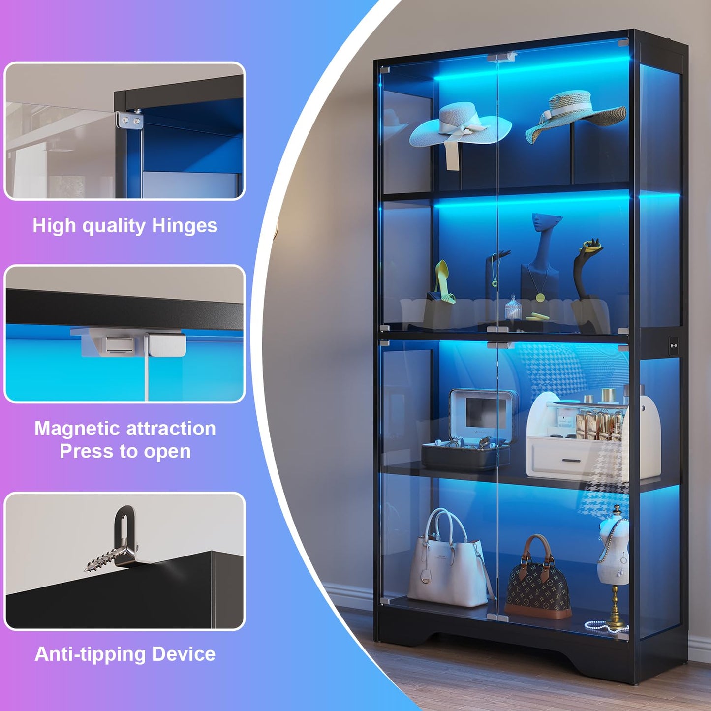 knoworld Display Cabinet with Glass Doors, 63" Tall Curio Cabinet with Human Sensor RGB LED Lights, 4-Tier Glass Display Case with 15mm Thick Shelves for Action Figures, Collectibles, Books - Black
