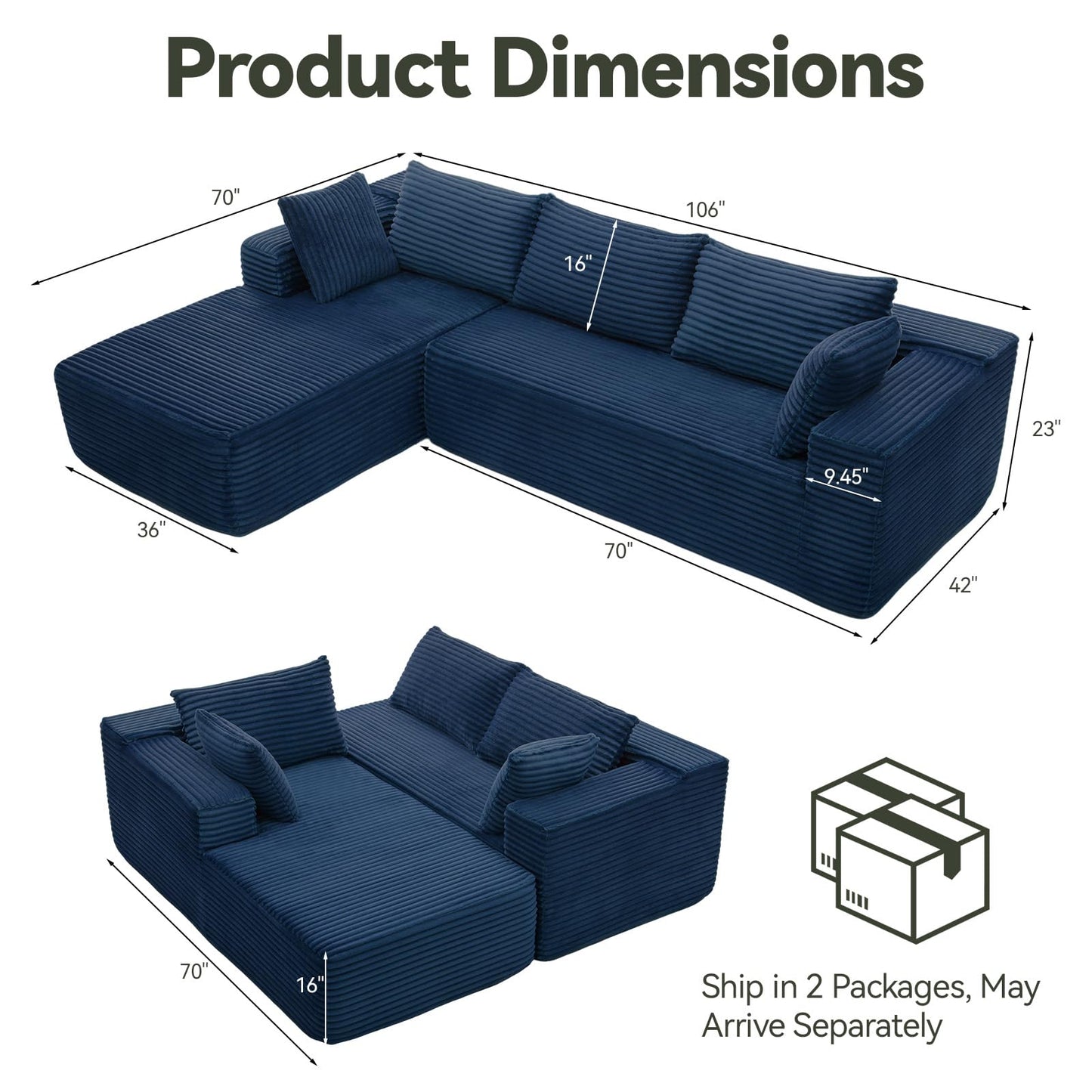 TRUNBACK 106" Modular Sectional Sofa, Blue Corduroy Cloud Couch with Right Chaise, Deep Seat Boneless Floor Sofa for Living Room, High-Resilience Foam Support, No Assembly Required, Includes Pillows