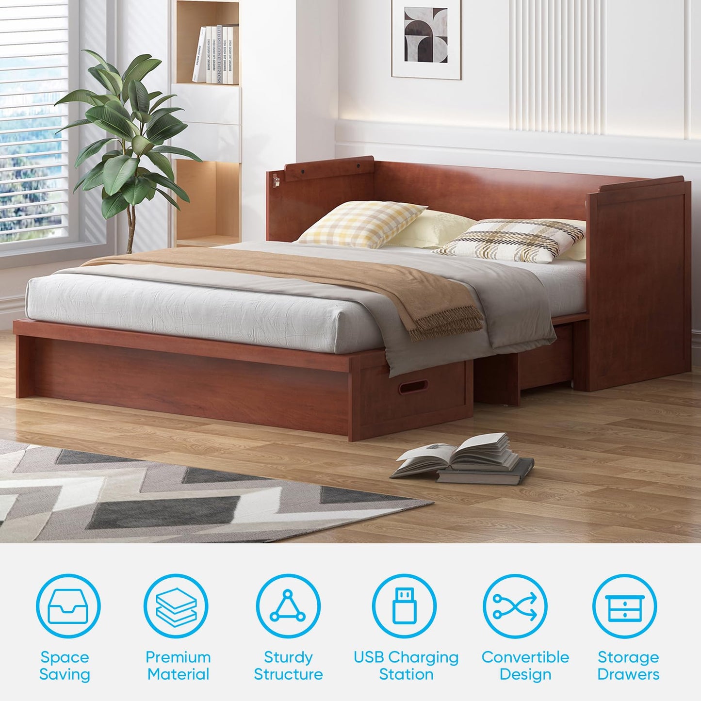 Mjkone Murphy Bed, Queen Hidden Cabinet Bed with Built-in USB Charging Station and 2 Storage Drawers, Murphy Wall Beds Cabinet Beds for Living Room, Guest Room, Apartment, Brown (No Mattress)