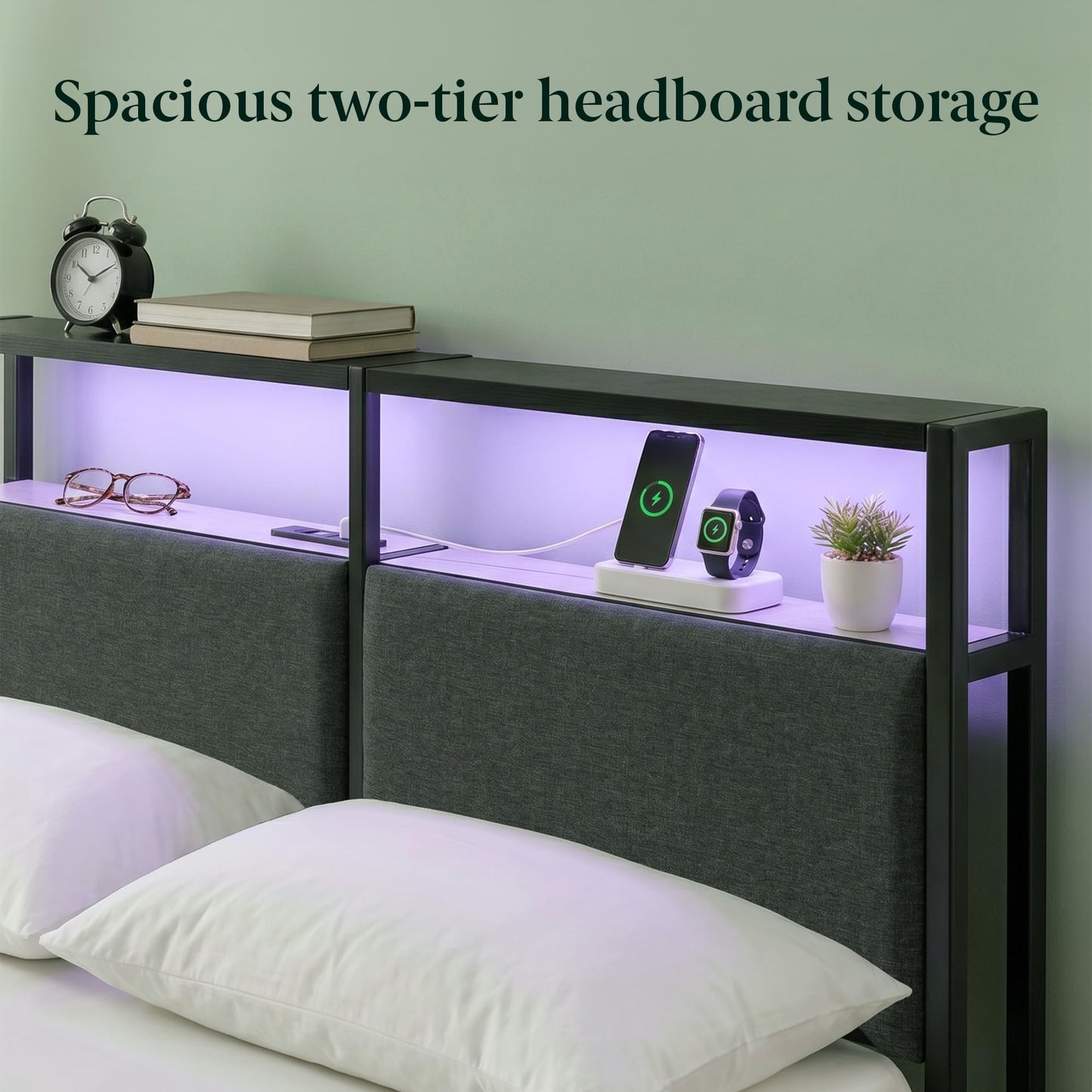 Zinus Michael Upholstered Platform Bed Frame, Space-Saving Two-Tier Headboard Storage and Four Underbed Drawers, Mood Setting RGB LED Lights, Built-in USB Charging Station, Ambient Night Light, Queen