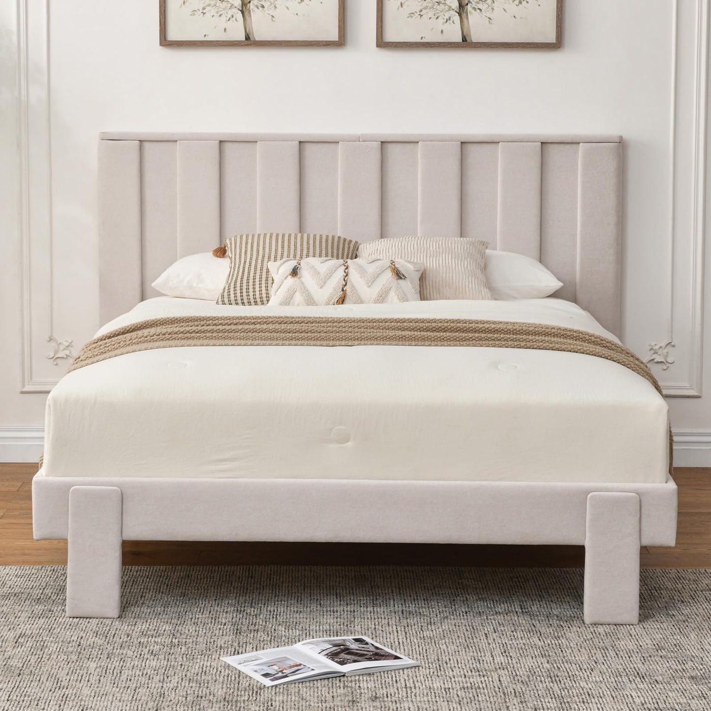PINJU Sturdy Upholstered Platform Bed Frame with Vertical Channel Tufted Headboard, No Box Spring Needed, Easy Assembly, Noise-Free Bed Frame for Bedroom (Cream, Full)