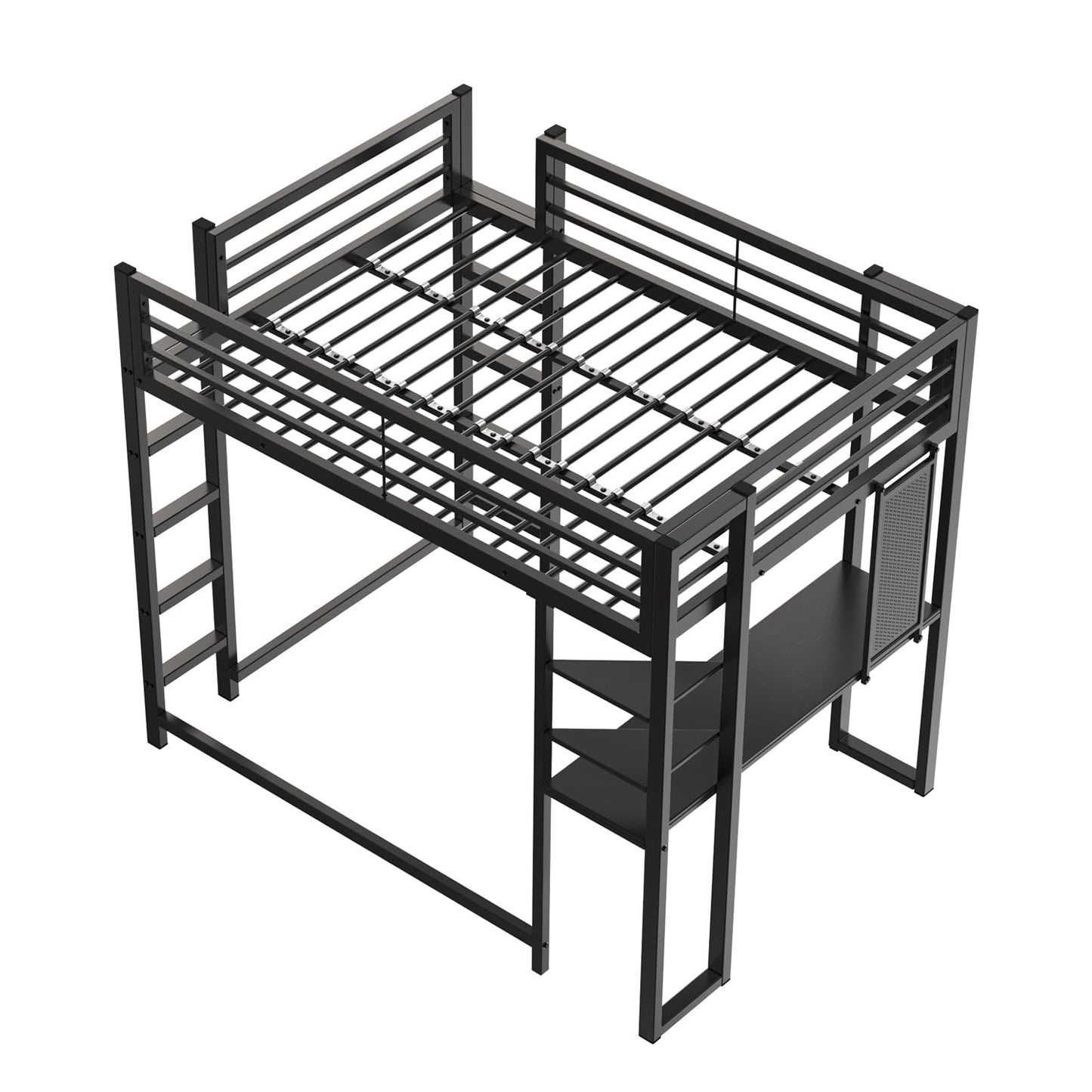 Full Size Metal Loft Bed with Desk and Storage Shelves, Black Loft Bed Frame for Teens Boys Girls, Space-Saving High Loft Bed with 13.8" Safety Guardrail & 350 lbs Capacity, No Box Spring Needed