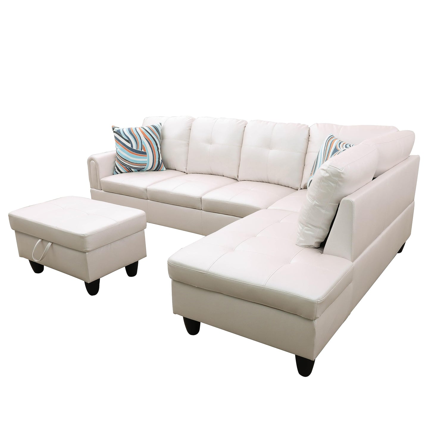 NicBex Couches for Living Room L Shaped Couch Upholstered Futon Sofa Comfy Faux Leather Modular Sofa 3-Piece Sofa Set with Storage Ottoman for Apartments, Living Room and Office, Peaerl White