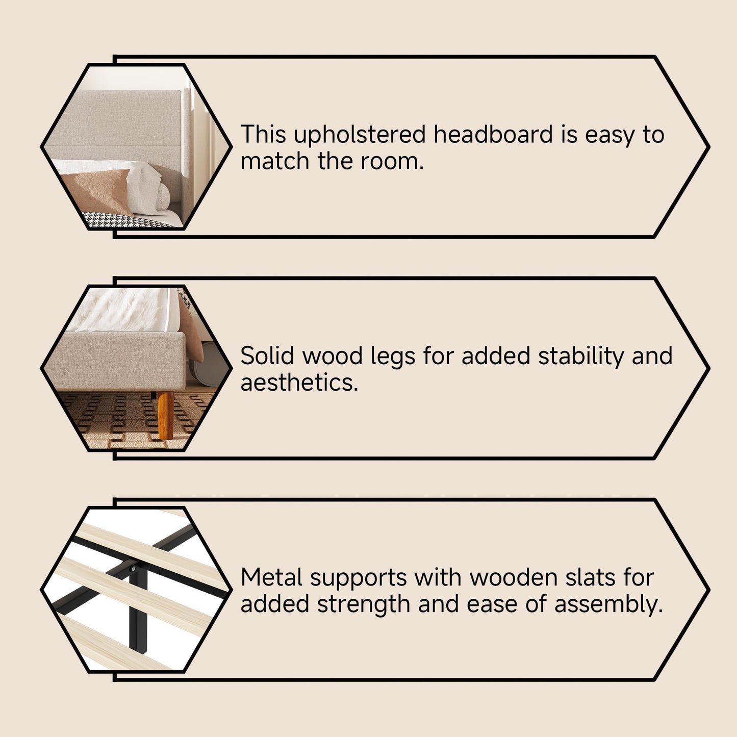 Mxhtcewz King Size Bed Frame, Linen Upholstered Platform with Wingback Headboard, Wooden Slats Support, No Box Spring Needed, Easy Assembly, Beige
