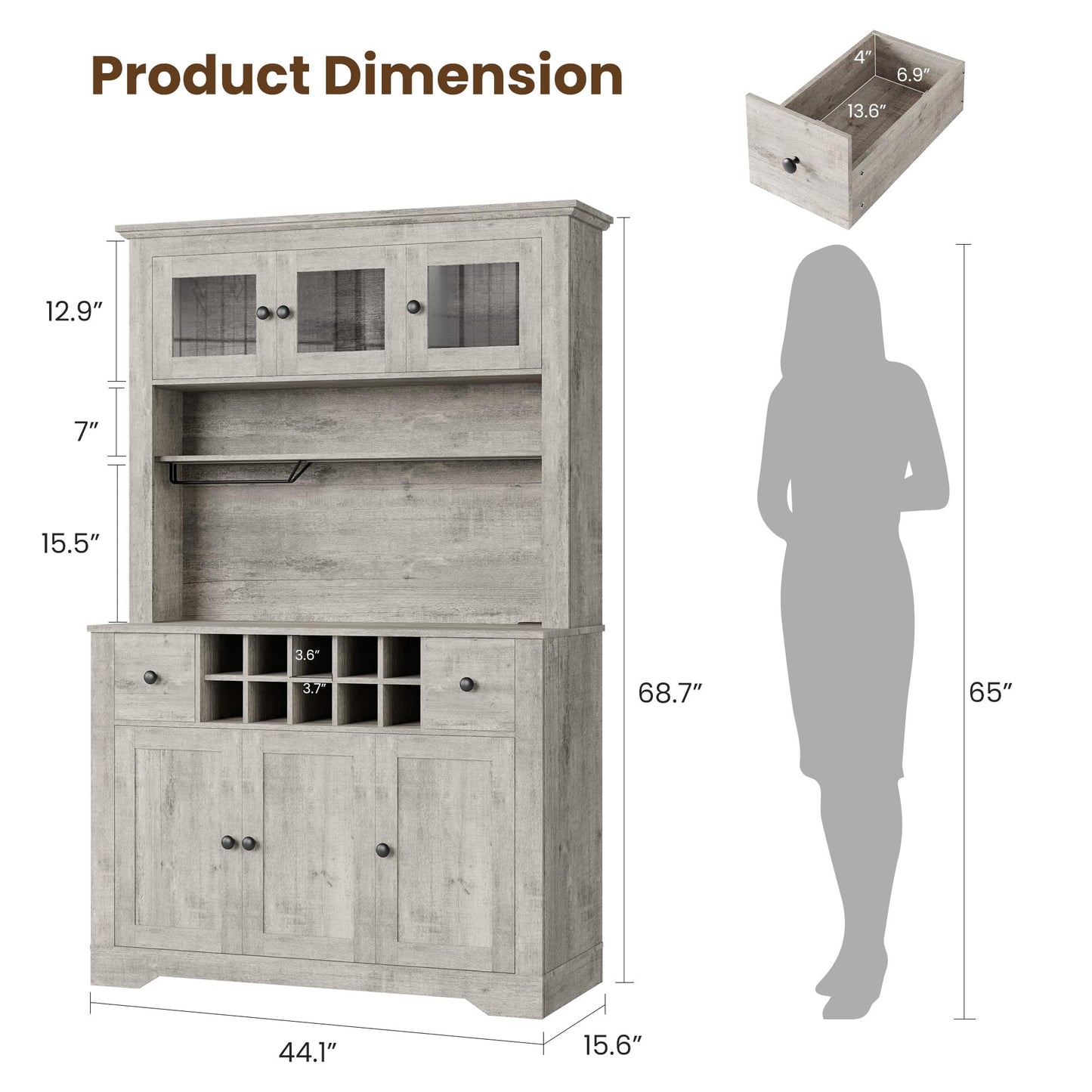 GarveeHome 68.7" Coffee Bar Cabinet with LED Light & Power Outlet, Farmhouse Kitchen Hutch with 2 Storage Drawers, Wine Glass Rack, Adjustable Shelves, Tall Pantry Cabinet for Dining Room, Living Room