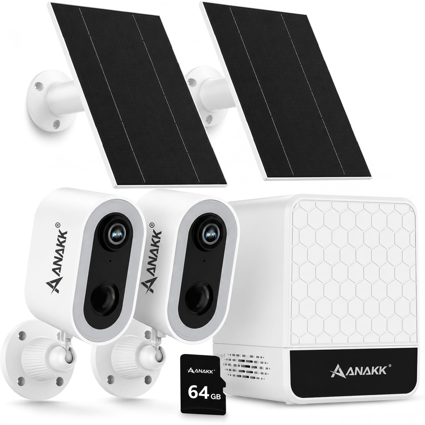 Anakk 4MP Solar Security Cameras Wireless Outdoor, 355° Pan Tilt Motion Detection,Color Night Vision, 5GHz/2.4GHz WiFi, IP65, 2-Cam Kit with 64GB Local Storage, No Monthly Fee Camera for Home Security