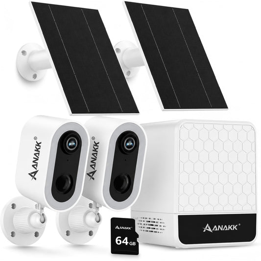 Anakk 4MP Solar Security Cameras Wireless Outdoor, 355° Pan Tilt Motion Detection,Color Night Vision, 5GHz/2.4GHz WiFi, IP65, 2-Cam Kit with 64GB Local Storage, No Monthly Fee Camera for Home Security