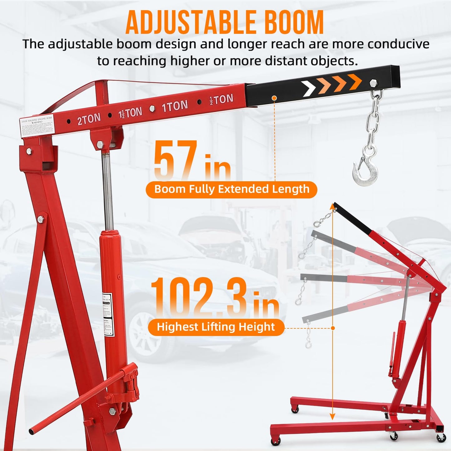 Garvee 2 Ton Engine Hoist, Hydraulic Cherry Picker Engine Crane, Heavy Duty Folding Shop Crane with 6 Casters, Engine Lift for Garage, Workshop, Red