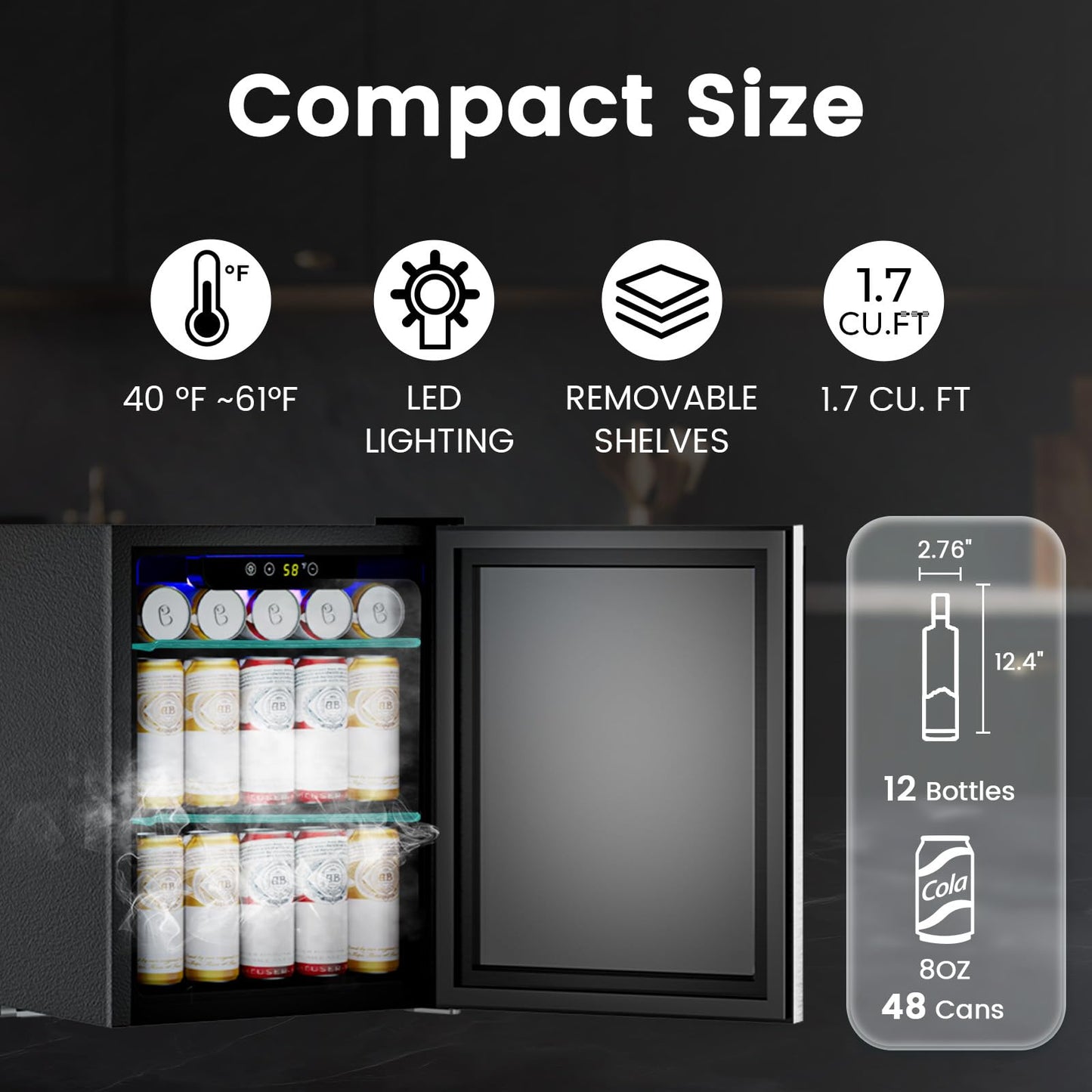 COWSAR 1.7 Cu. Ft Mini Beverage Refrigerator, 68 Cans, 16 Bottles Compact Drink Cooler with Glass Door & Touch Controls for Home, Office Bar