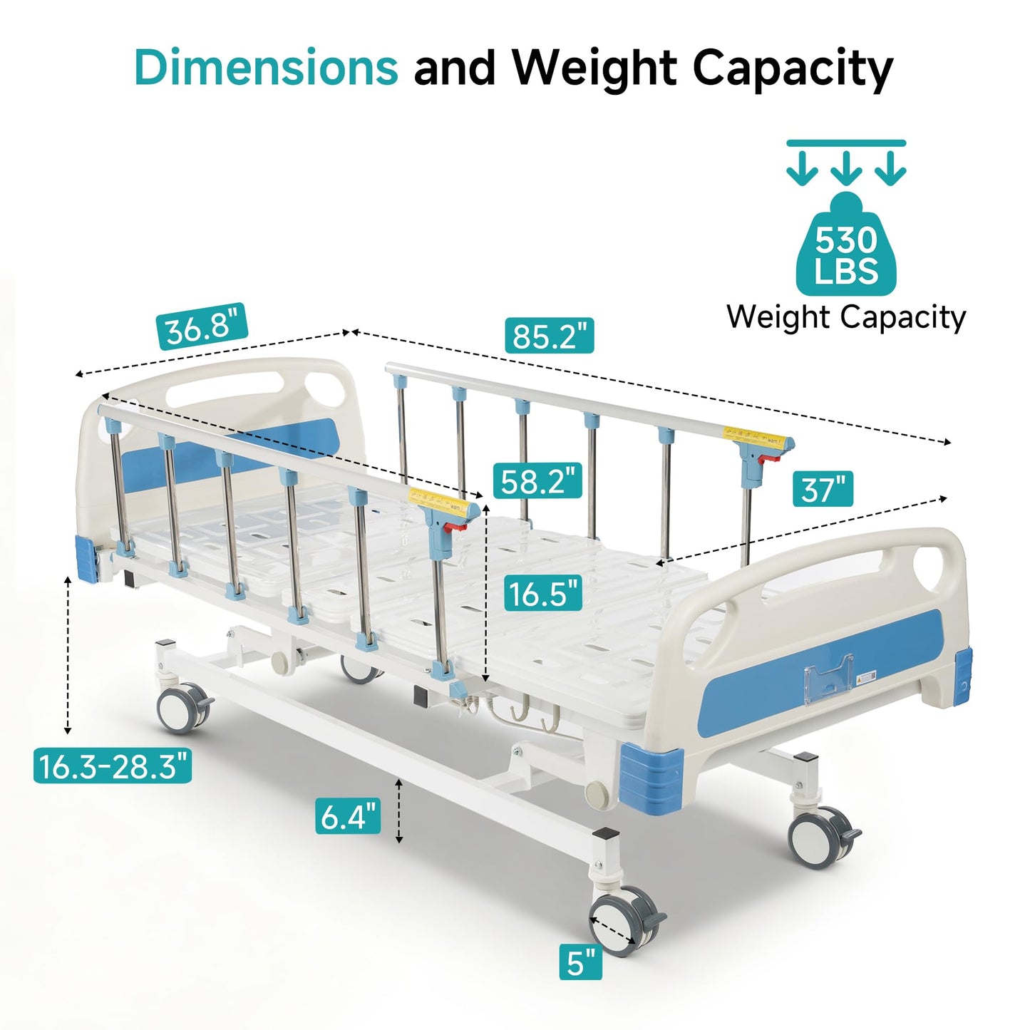 ELENKER Full Electric Hospital Bed for Home Use, ICU Medical Bed, Premium 3 Function Hospital ICU Bed with Remote Control, IV Pole, Mattress, Dining table, Lockable Quiet Casters, Includes Sheets (2X)