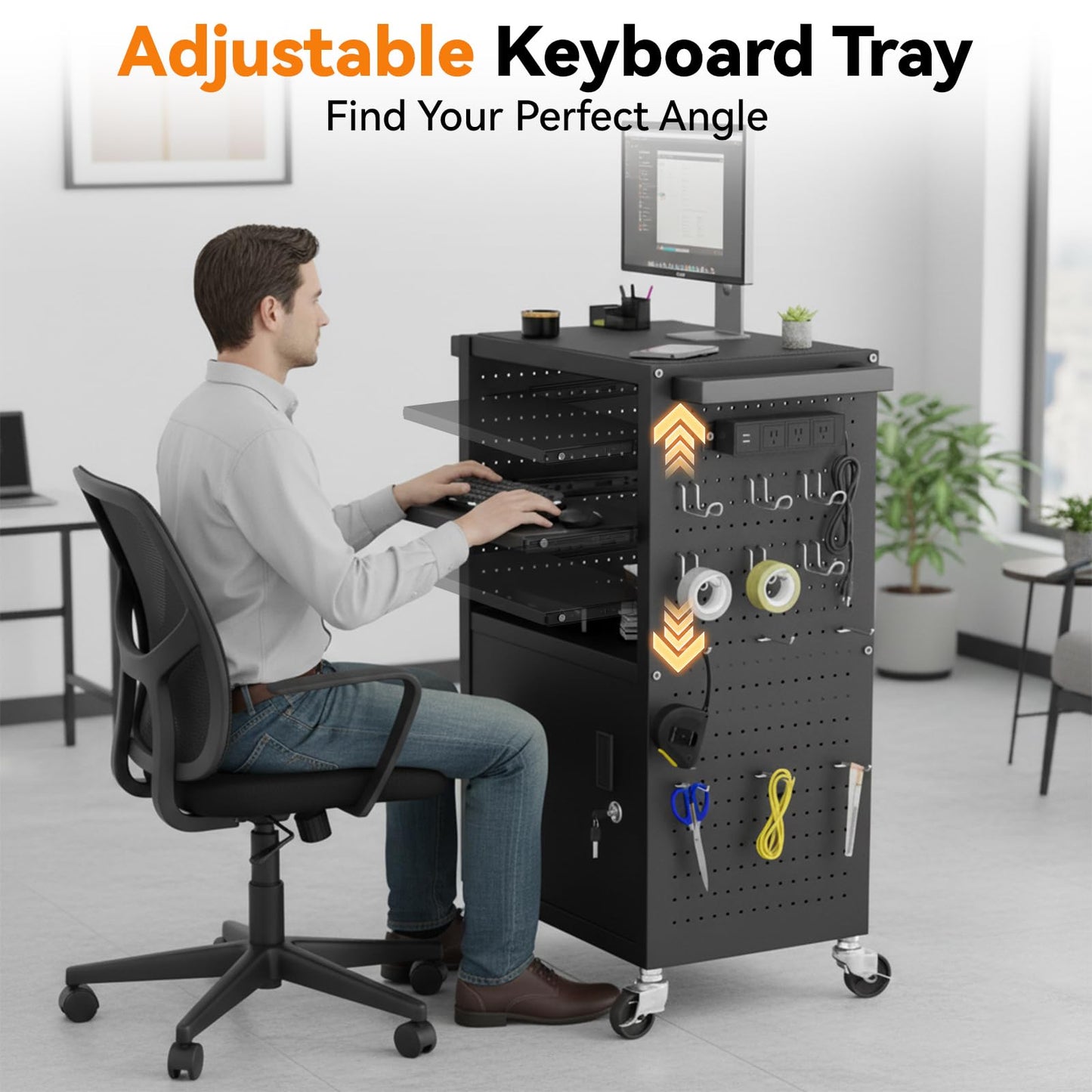 Jasdego Mobile AV Cart - Heavy Duty Computer Cart with Cabinet, Rolling Media Cart with 4 Outlets & Pullout Keyboard Tray, Lock Brake Wheels Mobile Computer Workstation, Customized Pegboard & Hooks