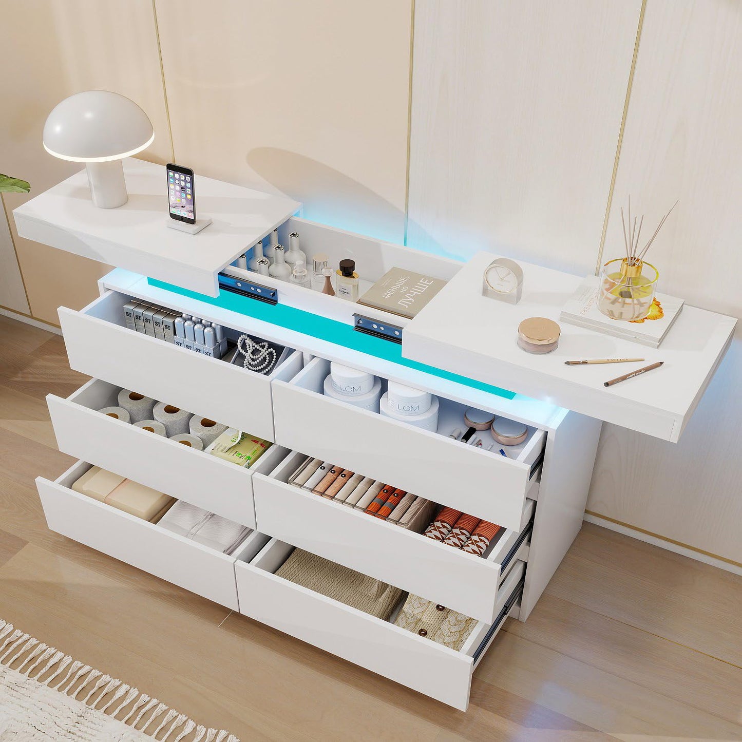 Vipbear White Dresser 6 Drawer for Bedroom with Sliding Top Modern LED Lights Double Dresser Wide Chest of Deep Drawers with Charging Station Storage Wood Cabinet for Closet,Entryway,Hallway