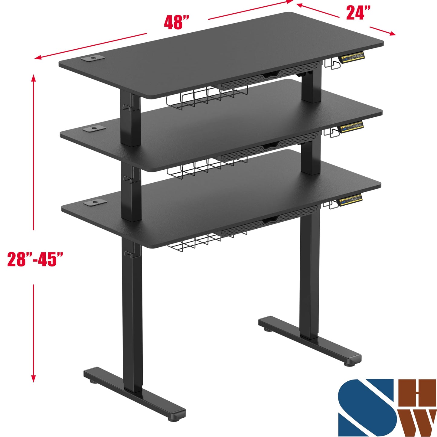 SHW 48-Inch Electric Height Adjustable Standing Desk with Drawer, Memory Preset and Cable Management Tray, Black