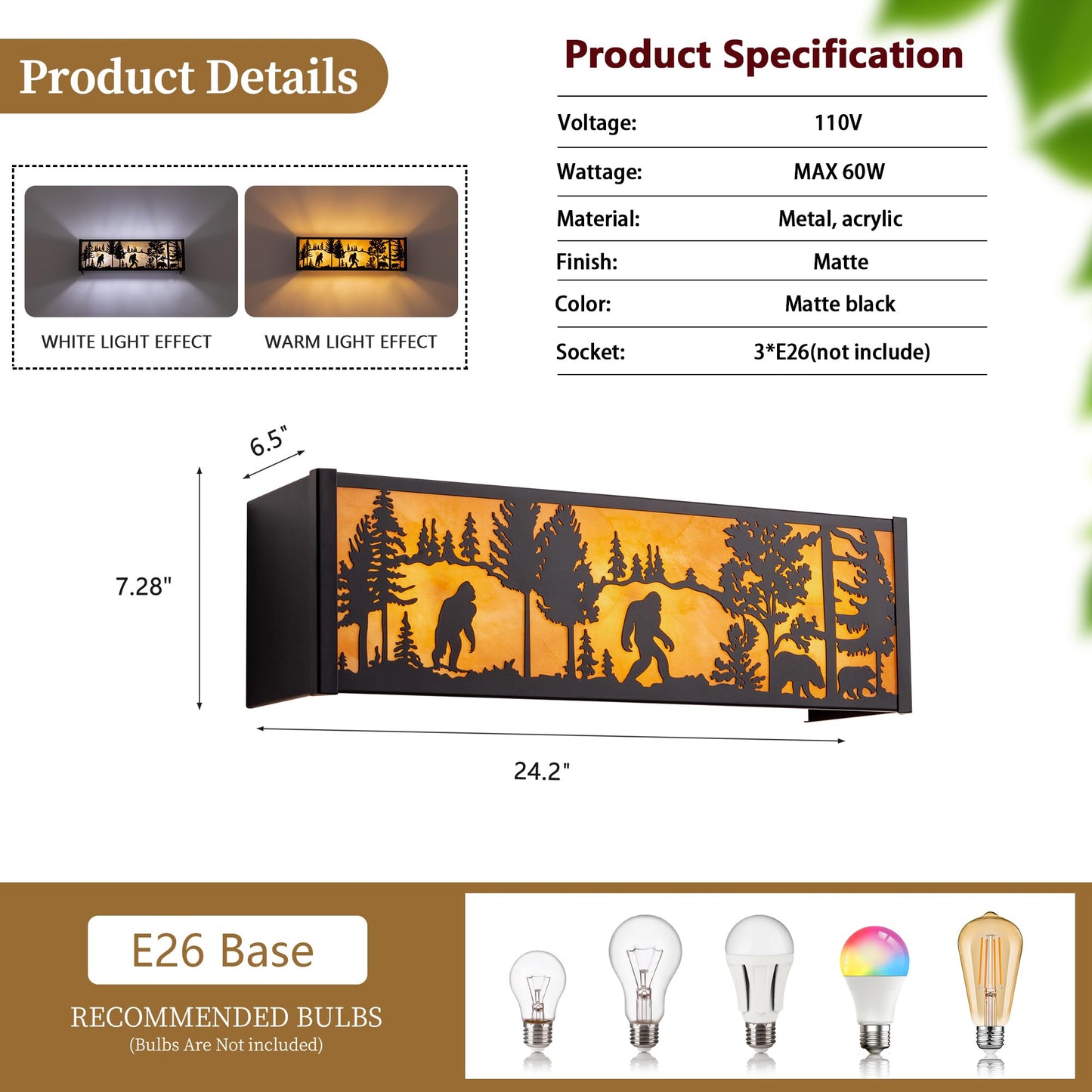 TOCHIC Rustic Bathroom Light Fixtures, 3 Lights Farmhouse Bigfoot Vanity Lights for Bathroom, 24" L Western Black Forest Vanity Lighting Fixtures for Mirror Cabinet Powder Room Living Room Hallway