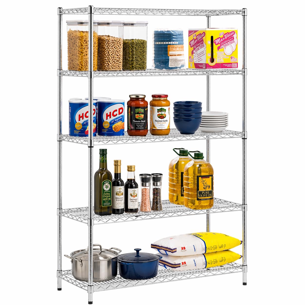 Honey-Can-Do 5-Tier Heavy-Duty Adjustable Shelves, Metal Storage Rack with 800-lb Shelf Capacity, Chrome, 18" W x 42" L x 72" H